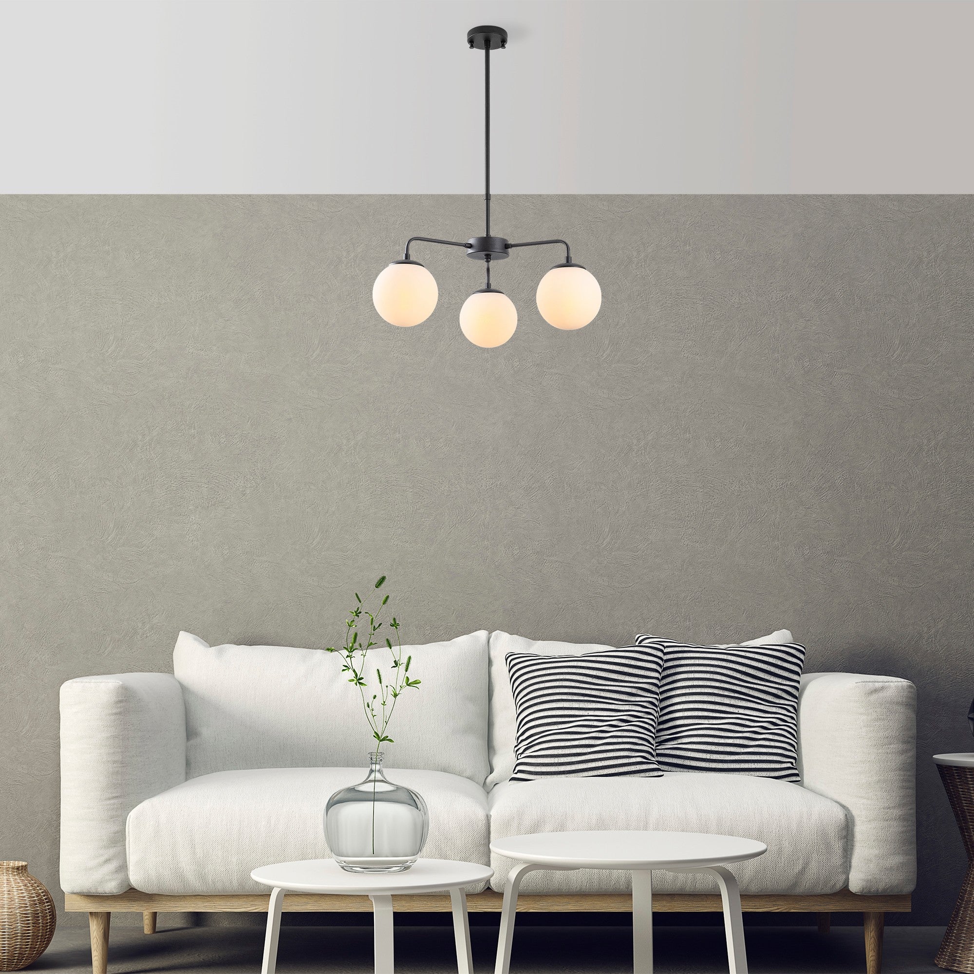 Candeeiro de Teto Industrial Moderno, Preto e Creme, 56 x 56 x 43 cm | Altura Ajustável, Corpo de Metal, 3 Soquetes E14 | Perfeito para Decoração Escandinava
