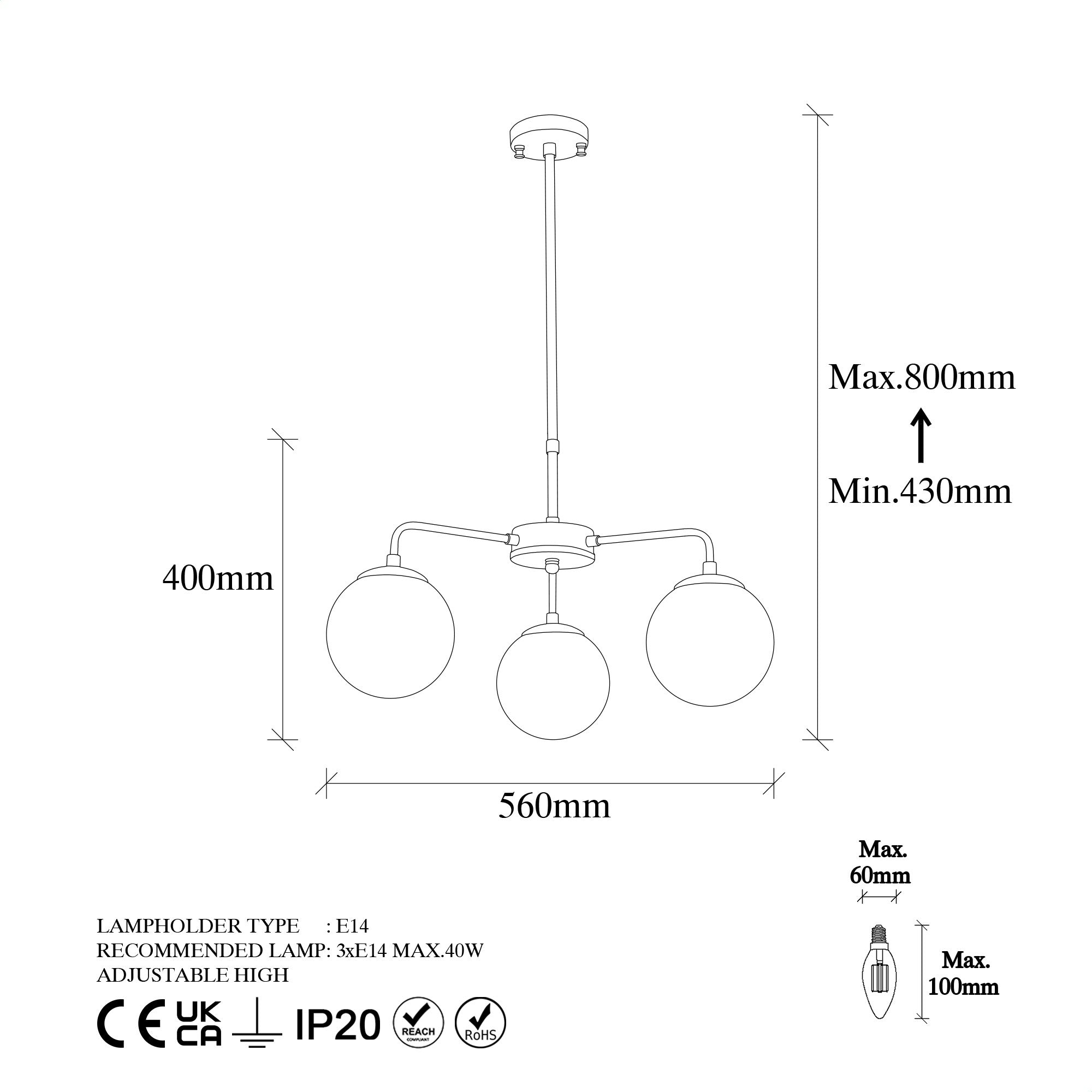 Candeeiro de Teto Industrial Moderno, Preto e Creme, 56 x 56 x 43 cm | Altura Ajustável, Corpo de Metal, 3 Soquetes E14 | Perfeito para Decoração Escandinava