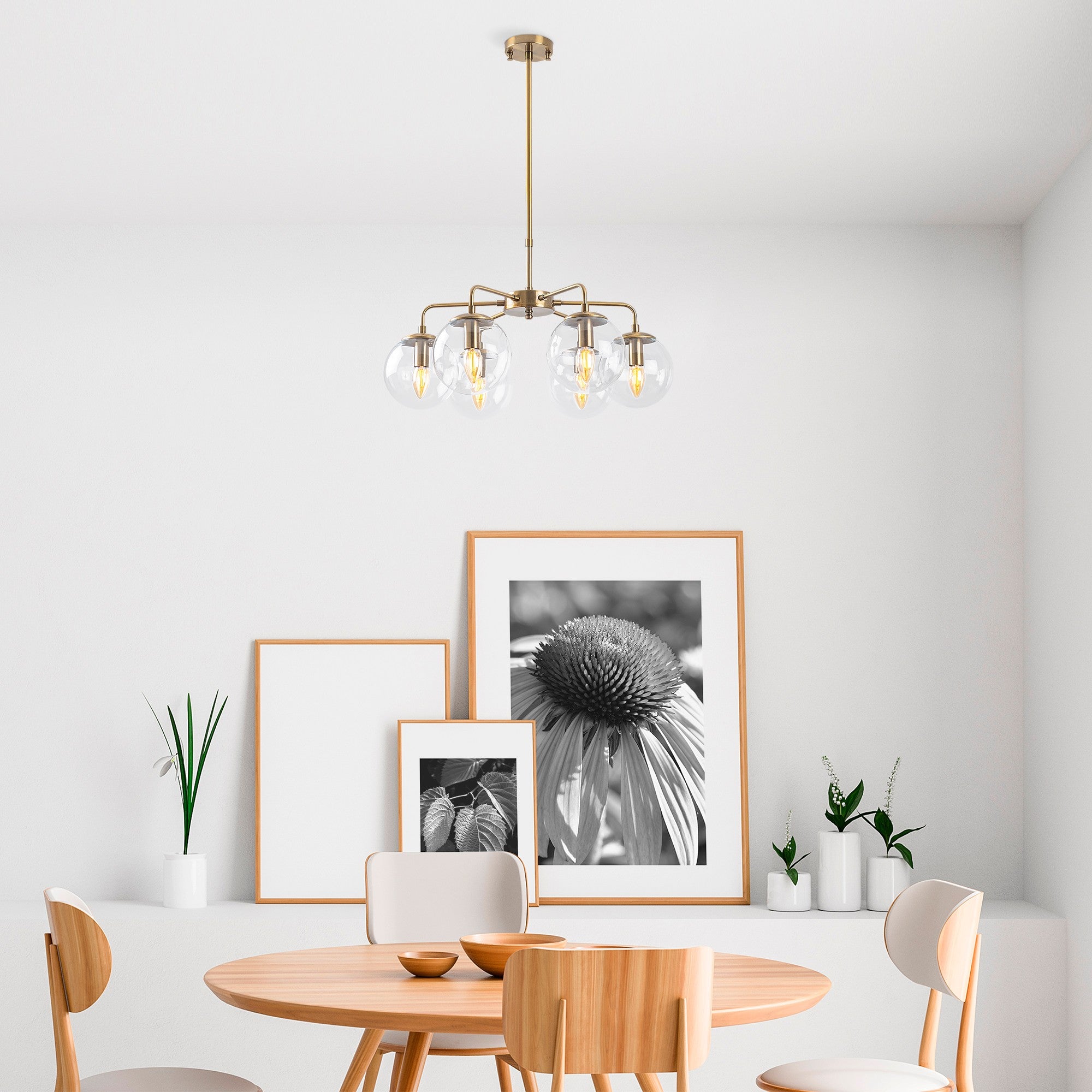 Candeeiro de Teto vintage elegante, corpo de metal, altura ajustável 56x56x43 cm, acabamento em cobre, 6 soquetes E14, perfeito para decoração moderna e escandinava