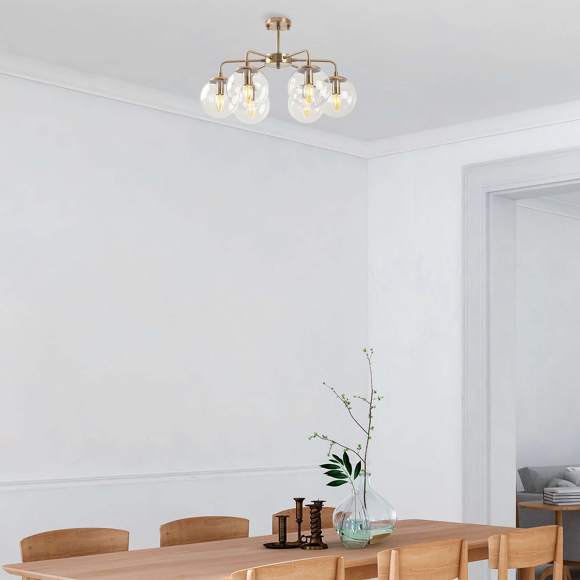 Candeeiro de Teto Vintage Elegante, Corpo em Metal, 56 x 56 x 43 cm, Altura Ajustável, 6 Soquetes E14, Acabamento em Cobre | Perfeito para Decoração Moderna e Escandinava