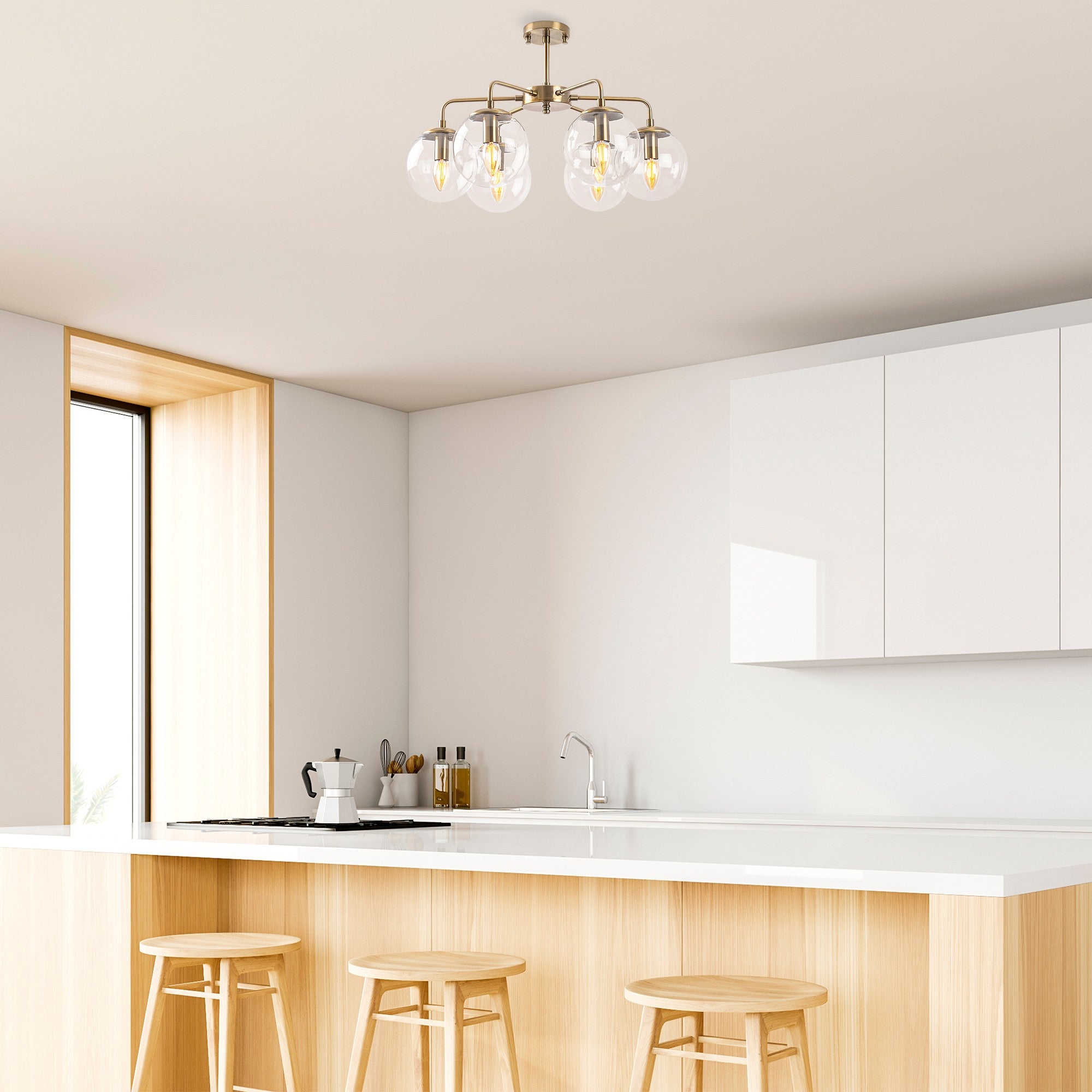 Candeeiro de Teto Vintage Elegante, Corpo em Metal, 56 x 56 x 43 cm, Altura Ajustável, 6 Soquetes E14, Acabamento em Cobre | Perfeito para Decoração Moderna e Escandinava