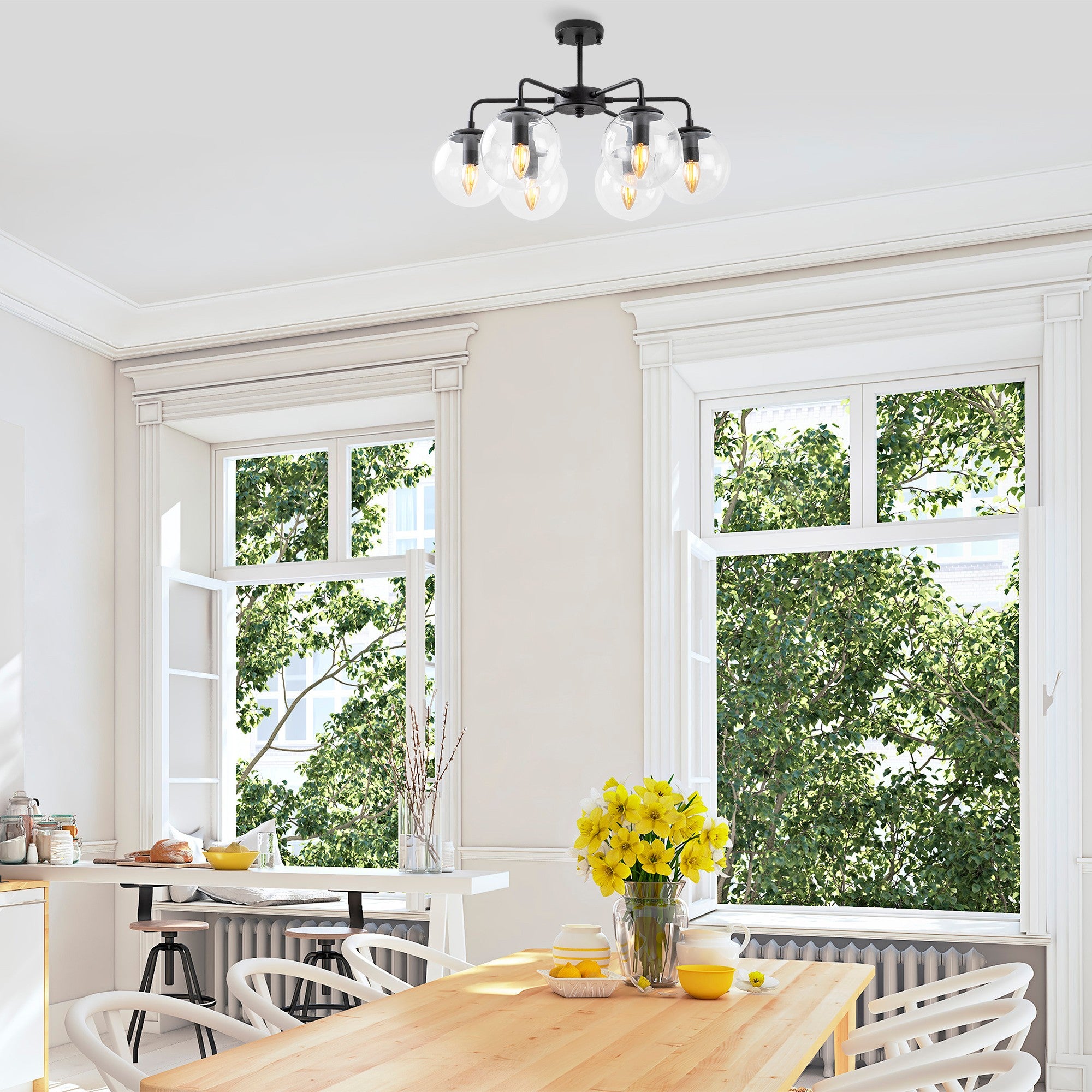 Candeeiro de Teto preto moderno, corpo de metal, 56 x 56 x 43 cm, altura ajustável, 6 soquetes E14, design industrial e escandinavo, perfeito para decoração de casa