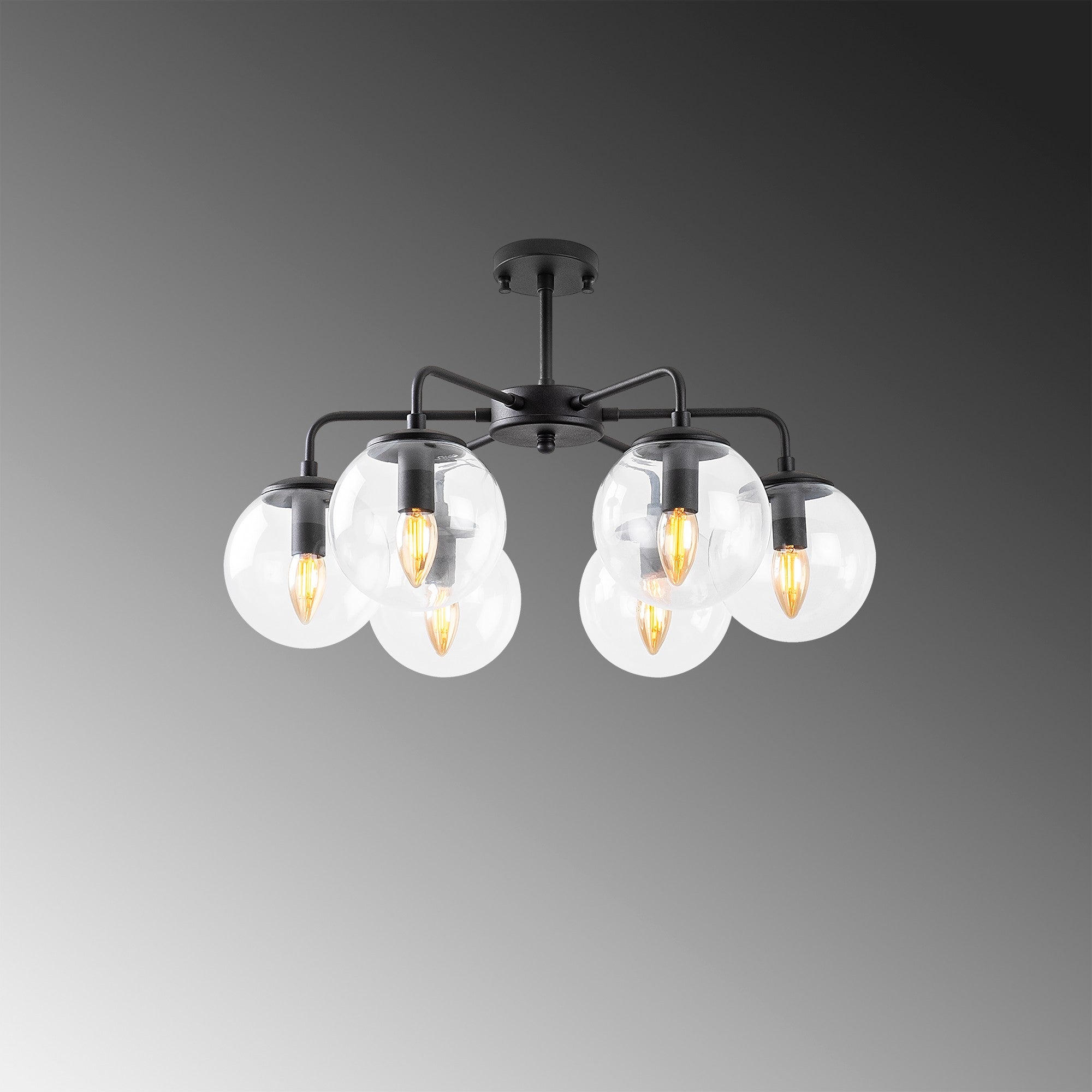 Candeeiro de Teto preto moderno, corpo de metal, 56 x 56 x 43 cm, altura ajustável, 6 soquetes E14, design industrial e escandinavo, perfeito para decoração de casa