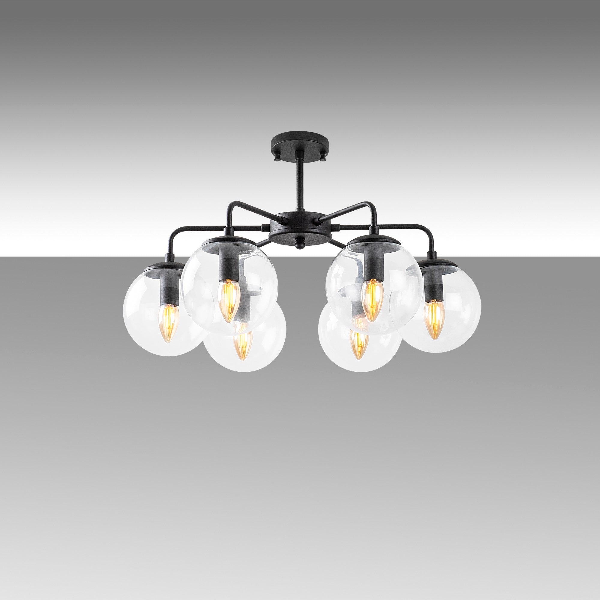 Candeeiro de Teto preto moderno, corpo de metal, 56 x 56 x 43 cm, altura ajustável, 6 soquetes E14, design industrial e escandinavo, perfeito para decoração de casa