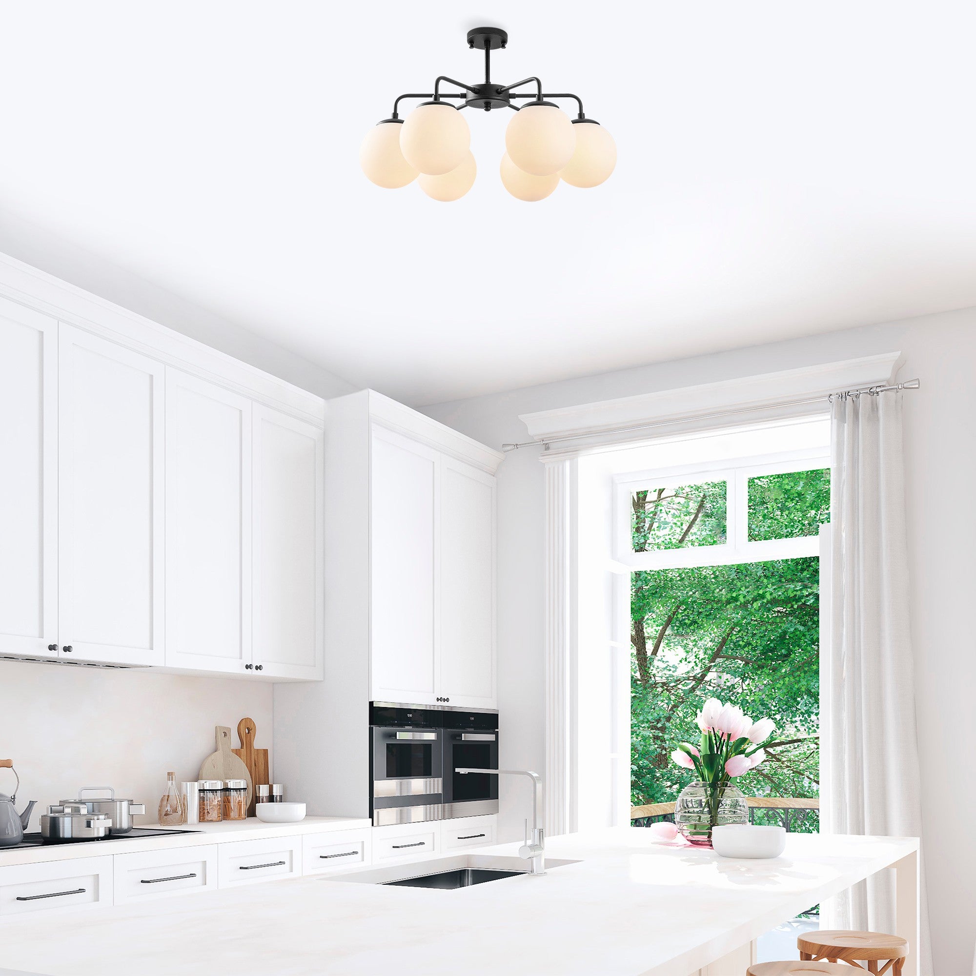 Candeeiro de Teto Industrial Moderno, Preto e Branco, 56 x 56 x 43 cm | Corpo em Metal, Altura Ajustável, 6 Soquetes E14 | Perfeito para Decoração Escandinava e Moderna