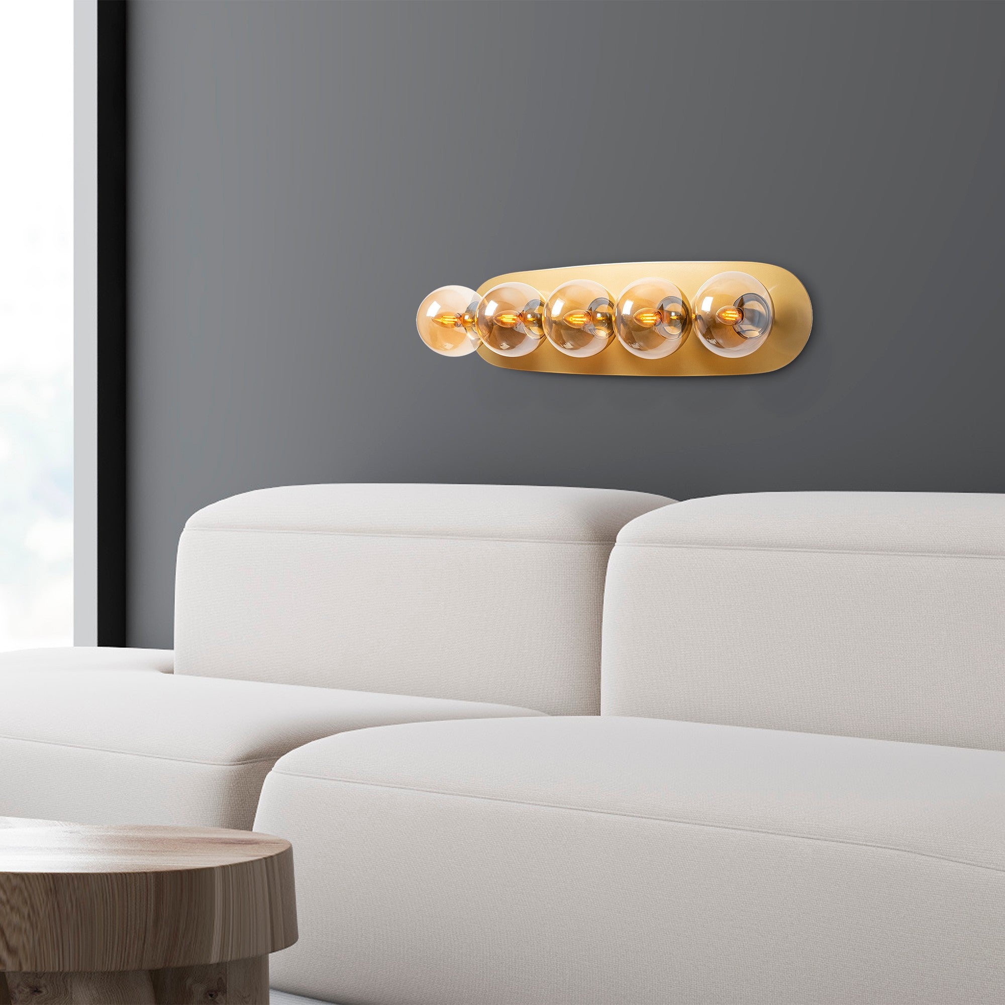 Candeeiro de Parede elegante com corpo de metal e tampa de vidro, acabamento dourado, 90 x 23 x 26 cm | 5 soquetes E14, máx. 40 W | Design escandinavo moderno para espaços glamorosos