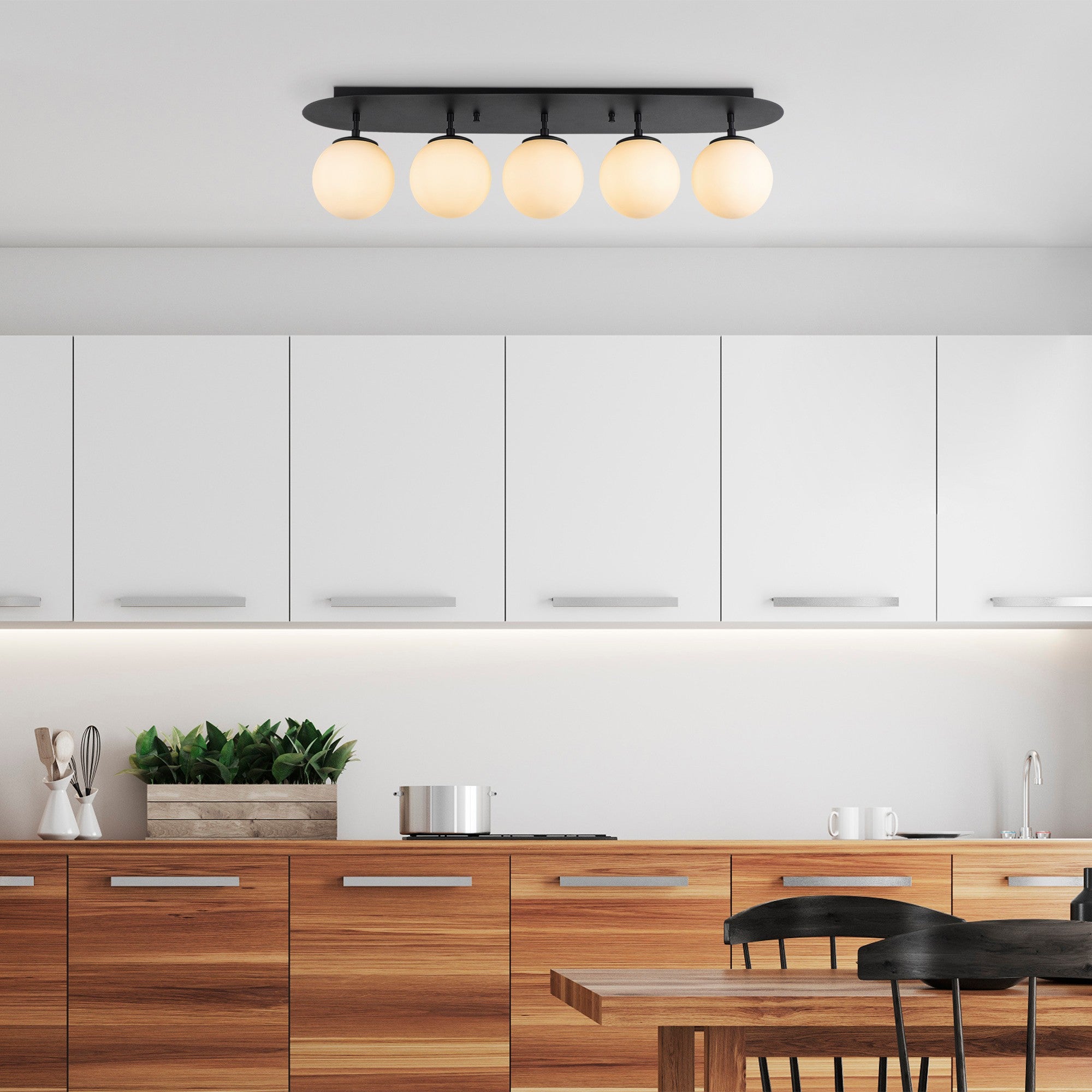 Candeeiro de Teto Industrial Moderno, Preto e Branco, 90 x 23 x 25 cm | Corpo em Metal, Tampa de Vidro, 5 Soquetes E14, Máx. 40 W | Iluminação Elegante para Casa e Escritório