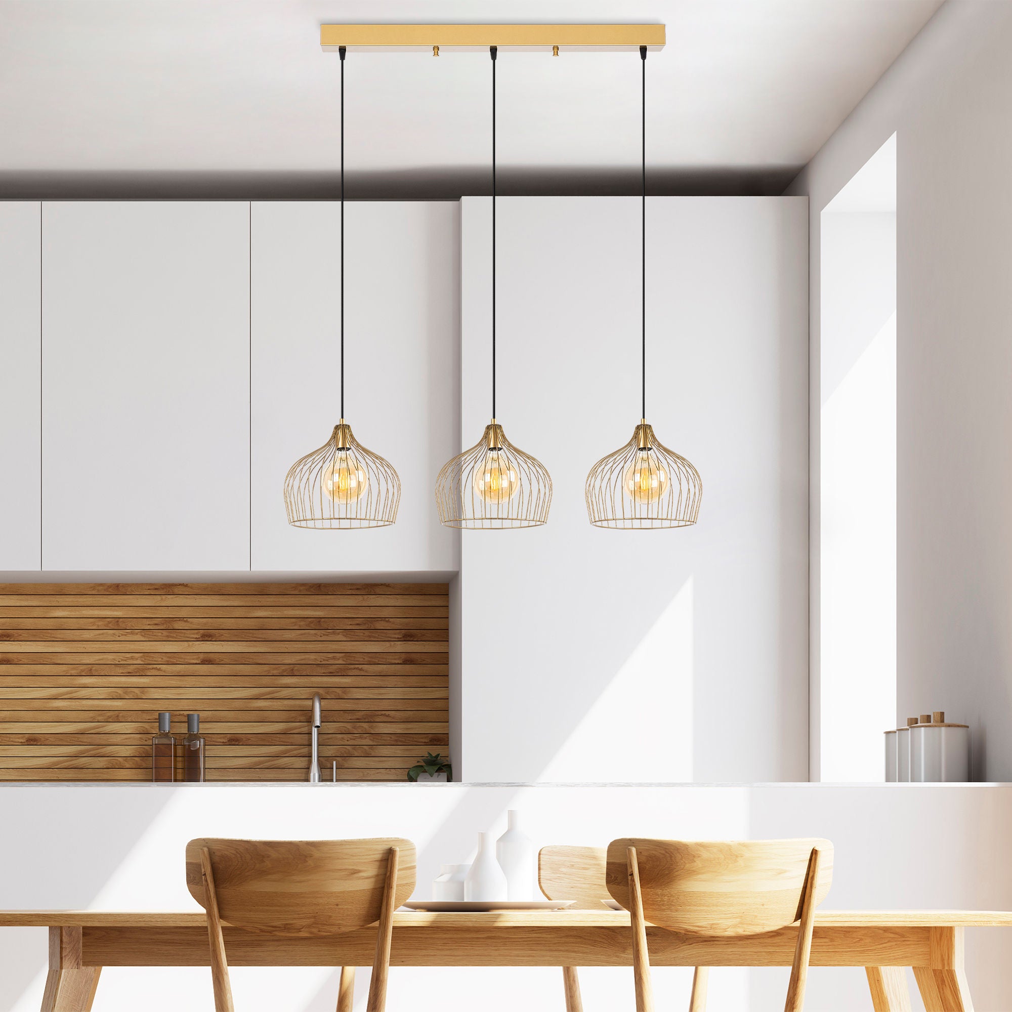 Candeeiro de Teto Dourado Elegante, Corpo em Metal, 102 x 30 x 121 cm | Altura Ajustável, 3 Soquetes E27, Design Moderno e Glamouroso | Perfeito para Salas de Estar e Salas de Jantar