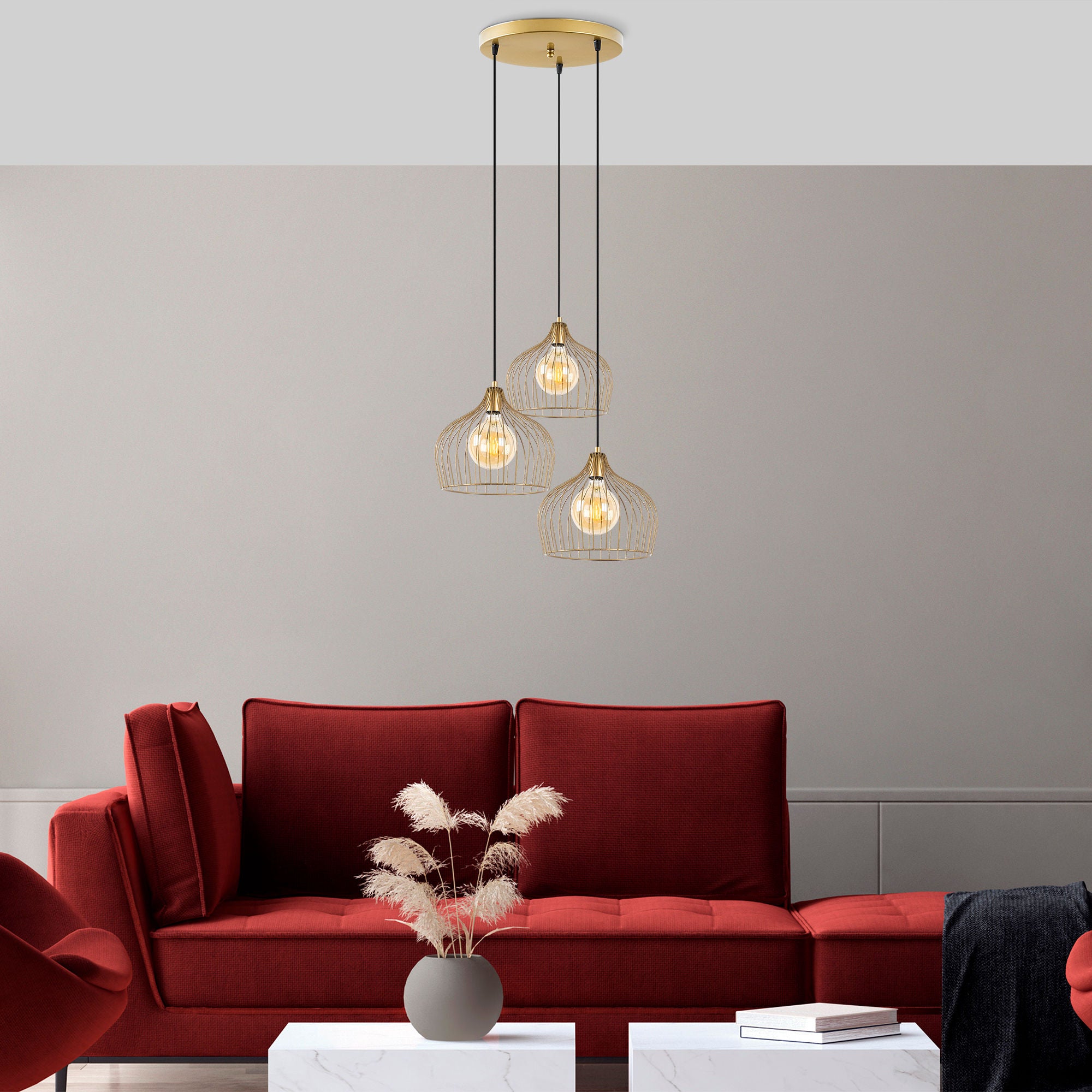 Candeeiro de Teto Dourado Elegante, 56 x 56 x 121 cm | Corpo em Metal, Altura Ajustável, 3 x E27 máx. 40 W | Design Glamour Moderno para Interiores Elegantes