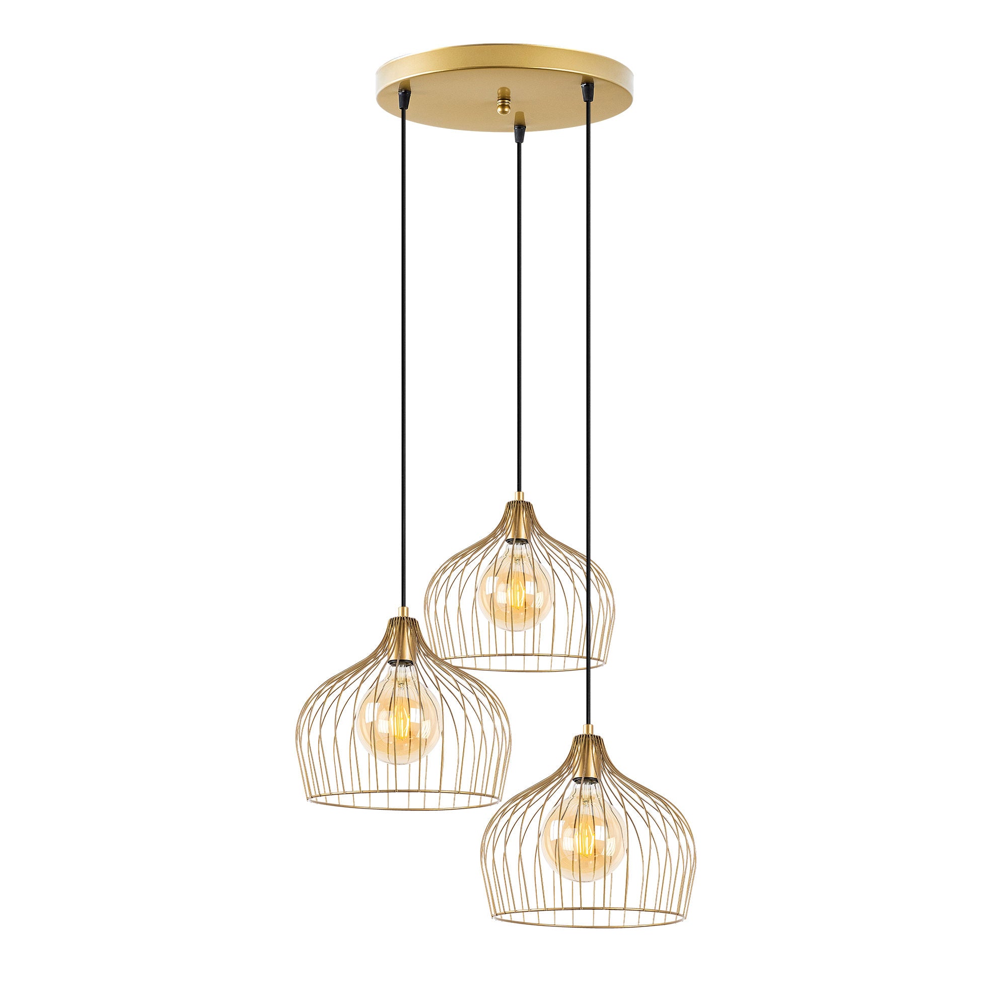 Candeeiro de Teto Dourado Elegante, 56 x 56 x 121 cm | Corpo em Metal, Altura Ajustável, 3 x E27 máx. 40 W | Design Glamour Moderno para Interiores Elegantes
