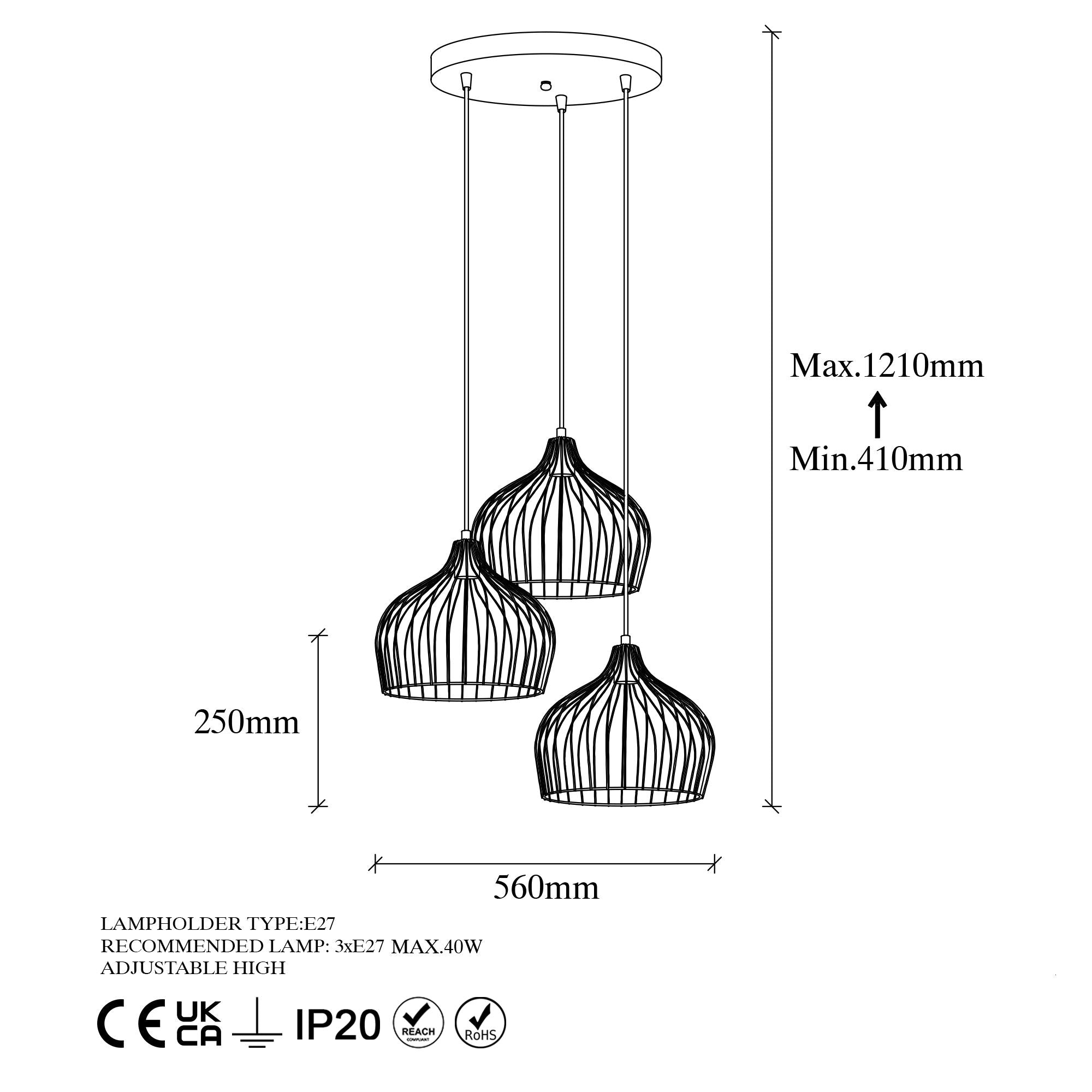 Candeeiro de Teto Dourado Elegante, 56 x 56 x 121 cm | Corpo em Metal, Altura Ajustável, 3 x E27 máx. 40 W | Design Glamour Moderno para Interiores Elegantes