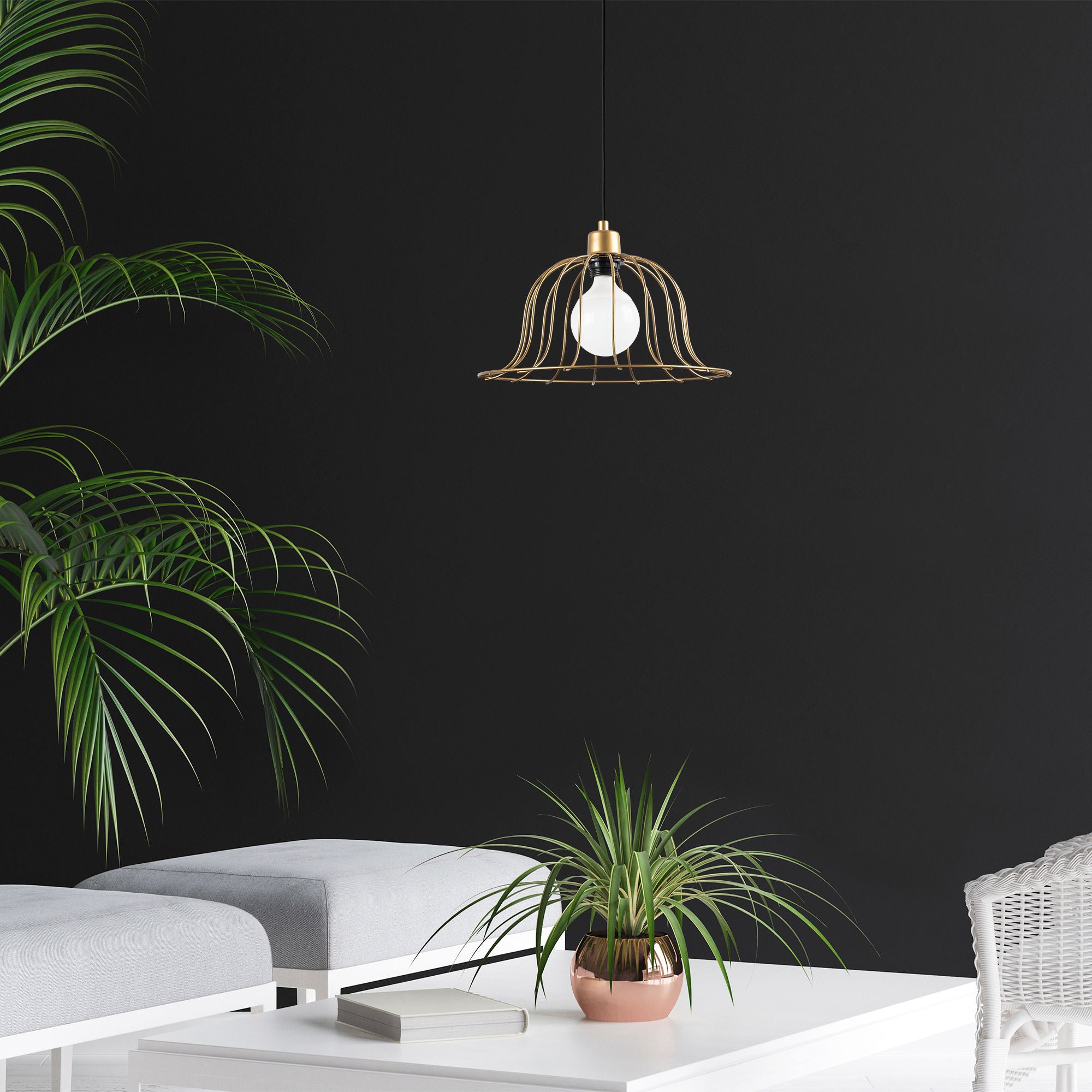 Candeeiro de Teto elegante em ouro brilhante, corpo de metal, altura ajustável, 35 x 35 x 121 cm | Soquete E27, design moderno e glamouroso para casa e escritório | Classificação IP20