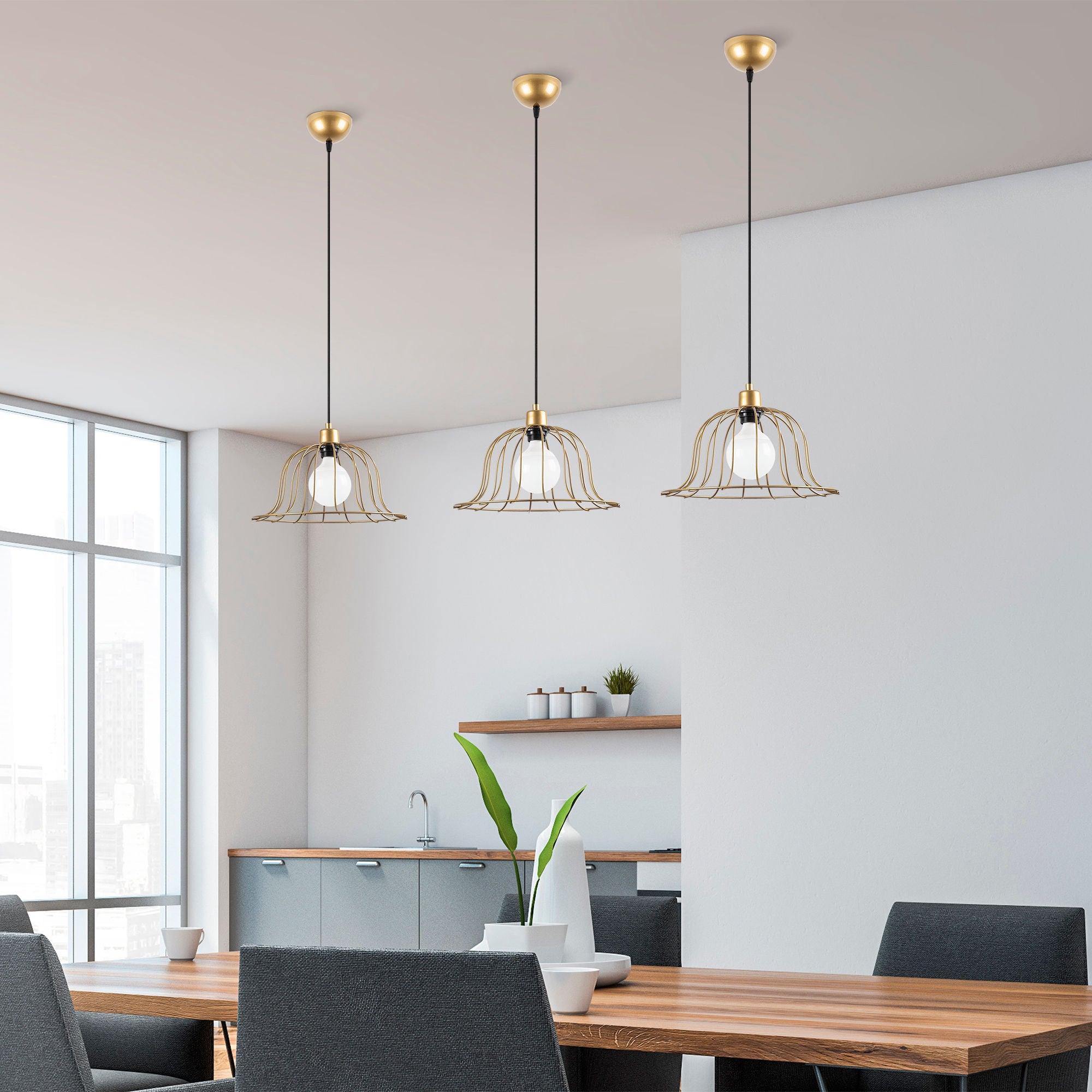 Candeeiro de Teto elegante em ouro brilhante, corpo de metal, altura ajustável, 35 x 35 x 121 cm | Soquete E27, design moderno e glamouroso para casa e escritório | Classificação IP20