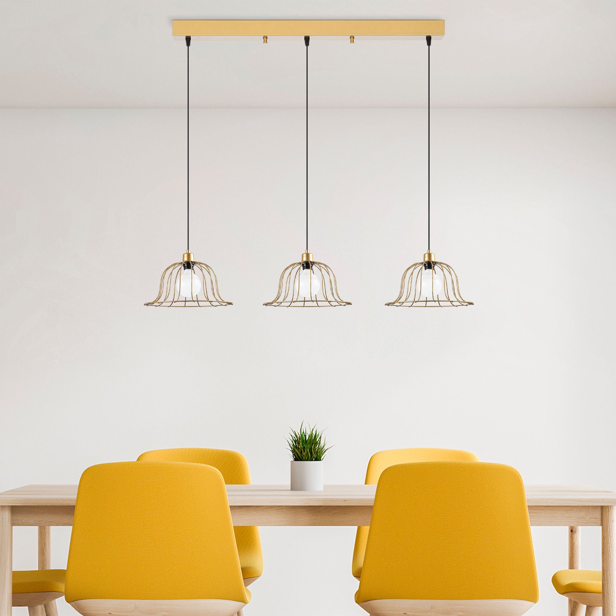 Candeeiro de Teto elegante em ouro brilhante, corpo de metal, altura ajustável, 144 x 35 x 121 cm | 3 x E27 máx. 40 W | Design moderno e glamouroso para casa e escritório