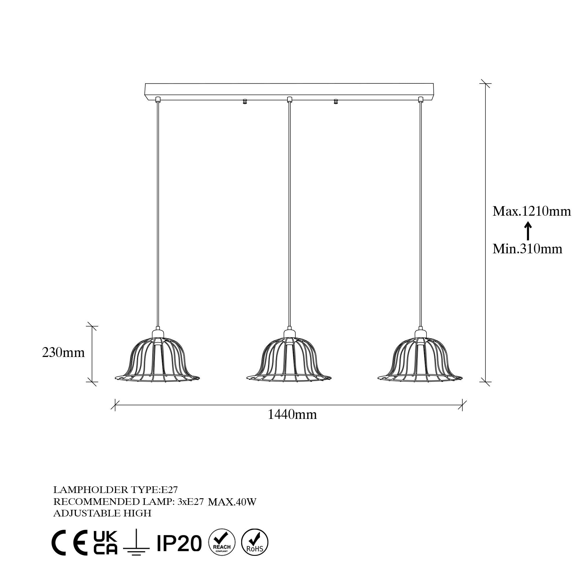Candeeiro de Teto elegante em ouro brilhante, corpo de metal, altura ajustável, 144 x 35 x 121 cm | 3 x E27 máx. 40 W | Design moderno e glamouroso para casa e escritório