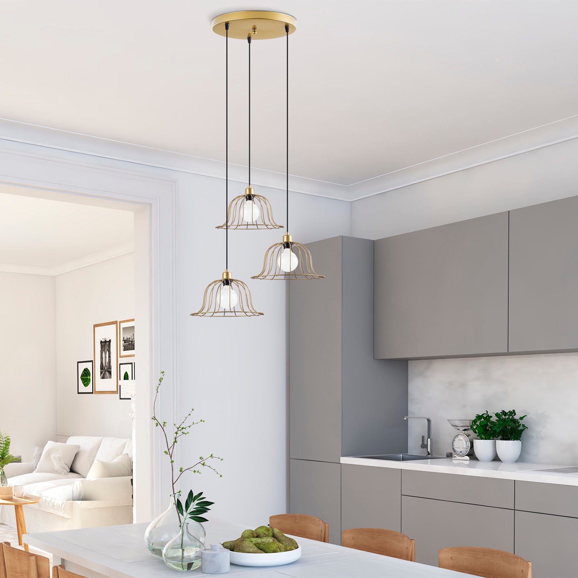 Candeeiro de Teto Elegante Dourado Brilhante, 62 x 62 x 121 cm | Corpo em Metal, Altura Ajustável, 3 x E27 máx. 40 W | Design Glamour Moderno para Interiores Elegantes