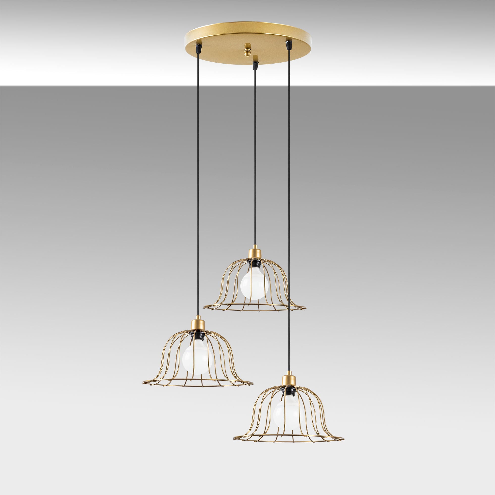 Candeeiro de Teto Elegante Dourado Brilhante, 62 x 62 x 121 cm | Corpo em Metal, Altura Ajustável, 3 x E27 máx. 40 W | Design Glamour Moderno para Interiores Elegantes