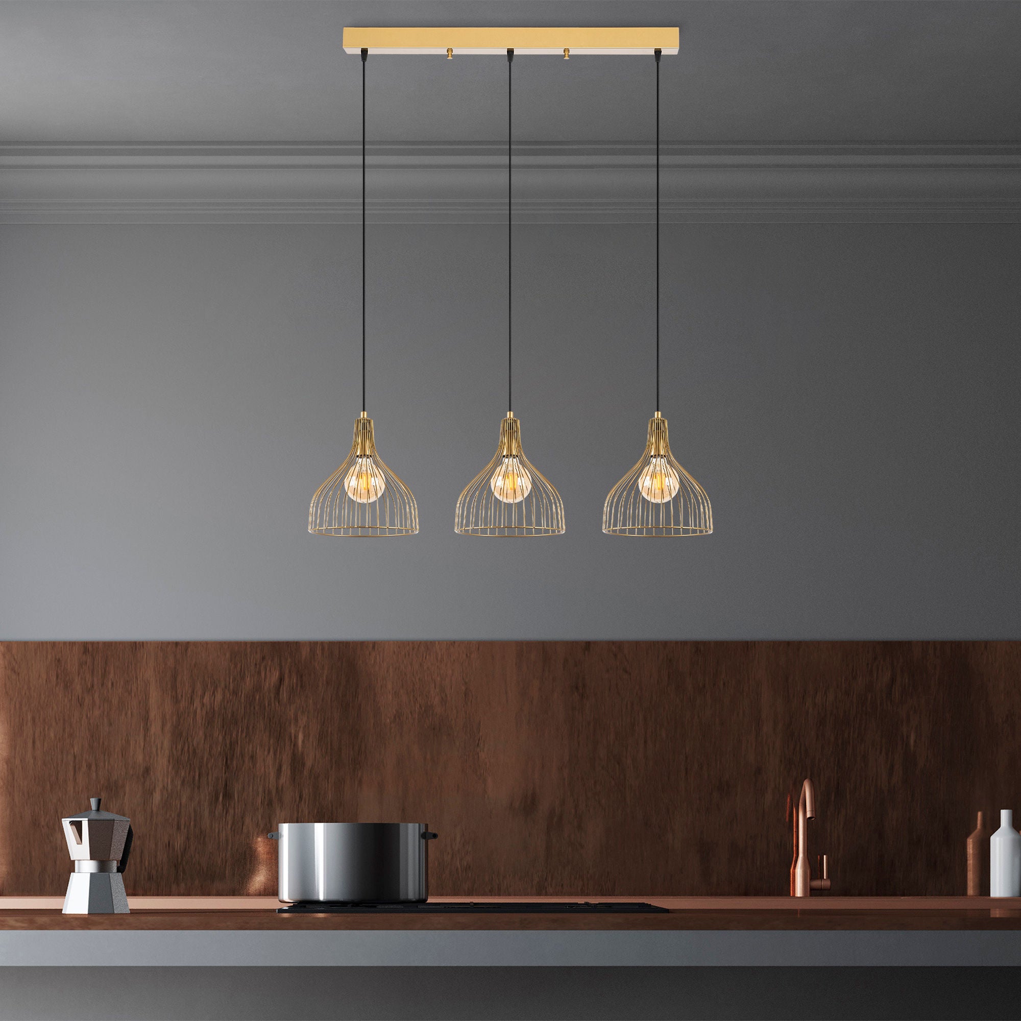 Candeeiro de Teto Dourado Elegante, Corpo em Metal, 94 x 25 x 121 cm | Altura Ajustável, 3 Soquetes E27, Design Moderno e Glamouroso | Perfeito para Salas de Estar e Salas de Jantar