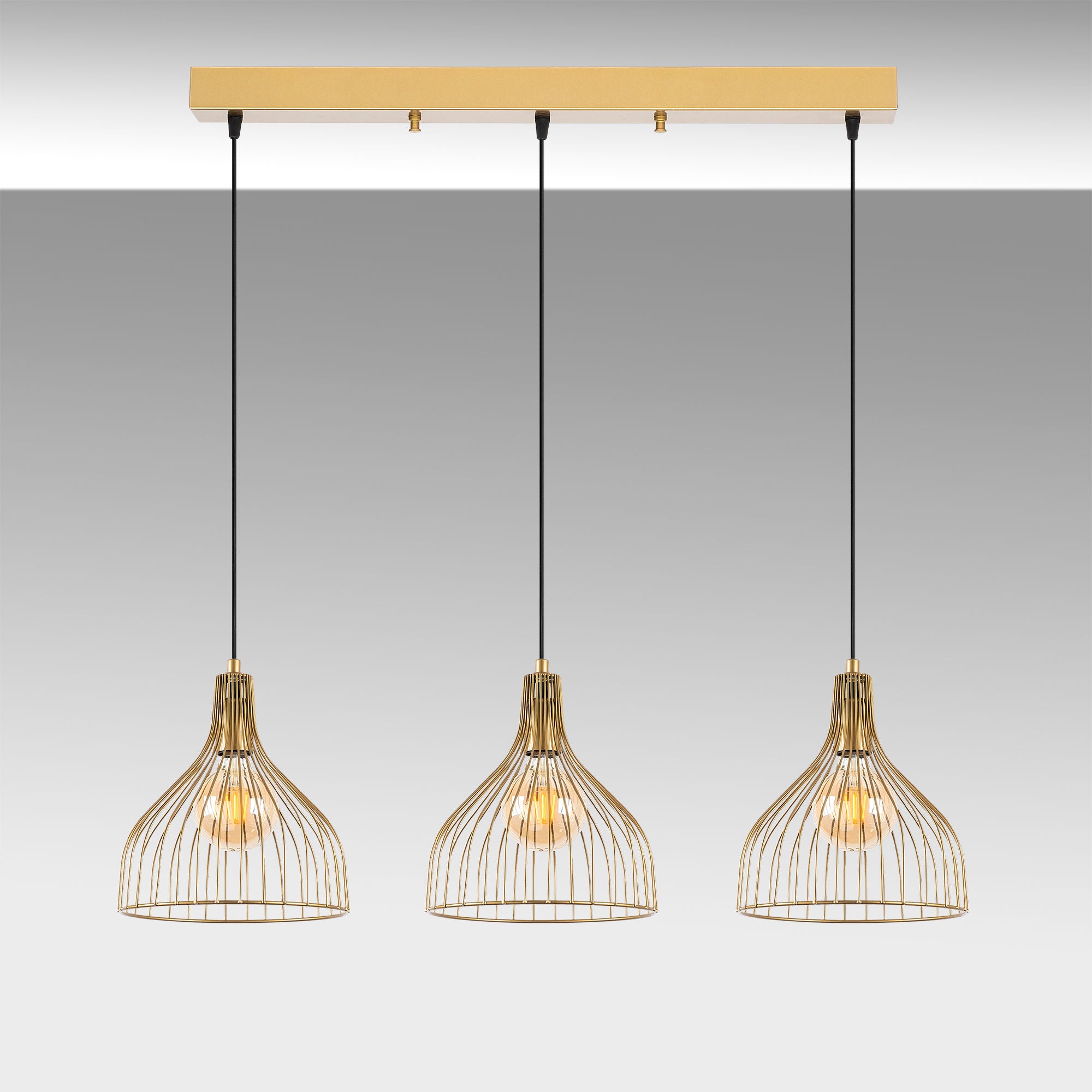 Candeeiro de Teto Dourado Elegante, Corpo em Metal, 94 x 25 x 121 cm | Altura Ajustável, 3 Soquetes E27, Design Moderno e Glamouroso | Perfeito para Salas de Estar e Salas de Jantar