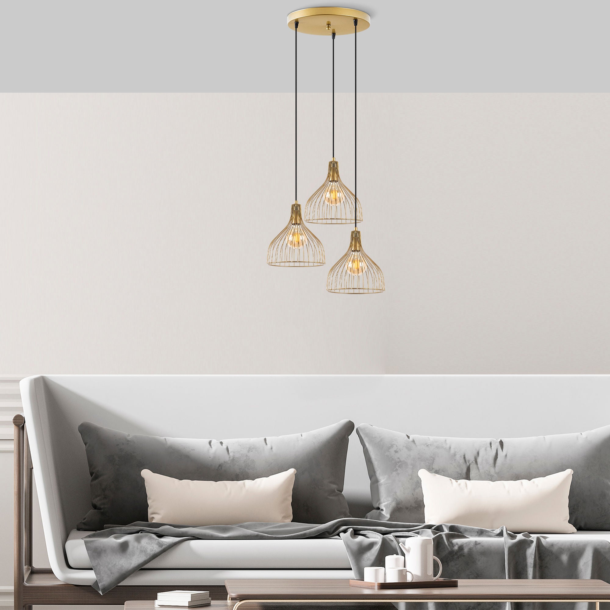 Candeeiro de Teto Dourado Elegante, Corpo em Metal, 49 x 49 x 121 cm | Altura Ajustável, 3 Soquetes E27, Design Moderno e Glamouroso | Perfeito para Salas de Estar e Jantar