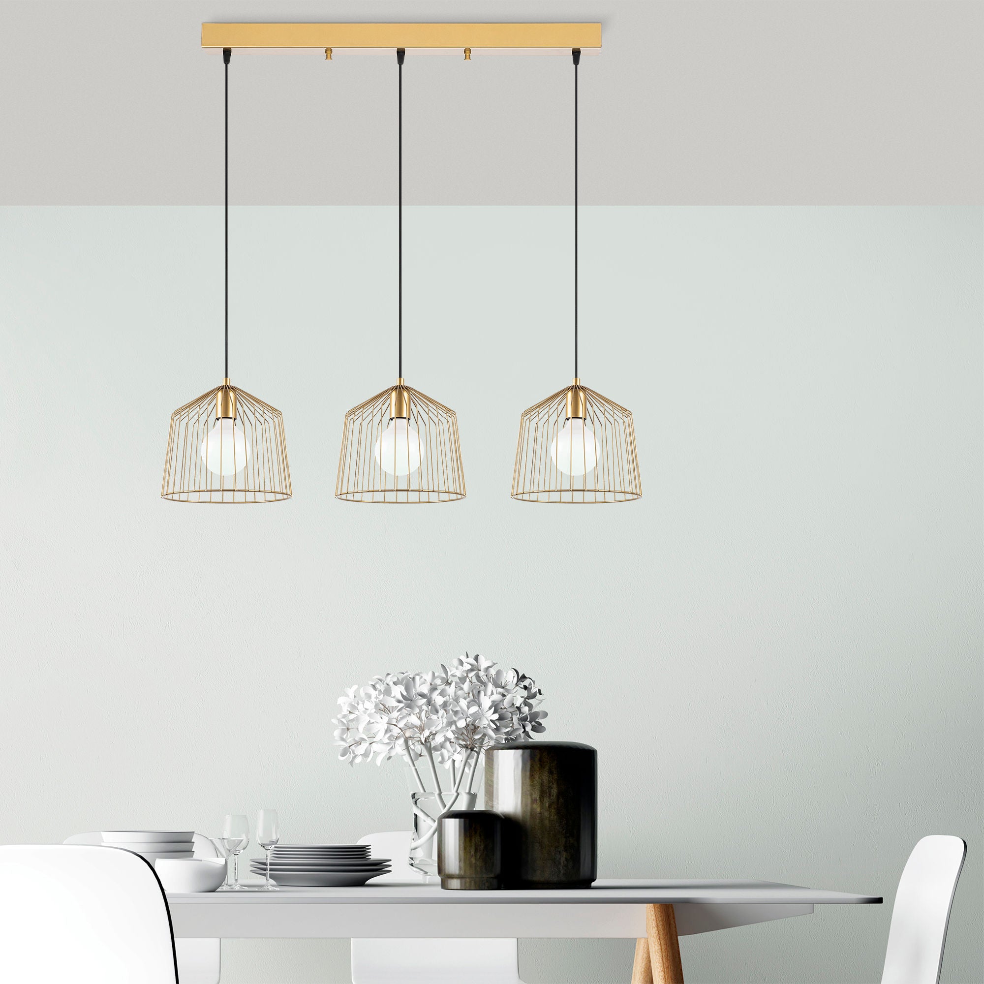 Candeeiro de Teto Dourado Elegante, Corpo em Metal, 96 x 26 x 121 cm | Altura Ajustável, 3 Soquetes E27, Design Moderno e Glamouroso | Perfeito para Salas de Estar e Salas de Jantar