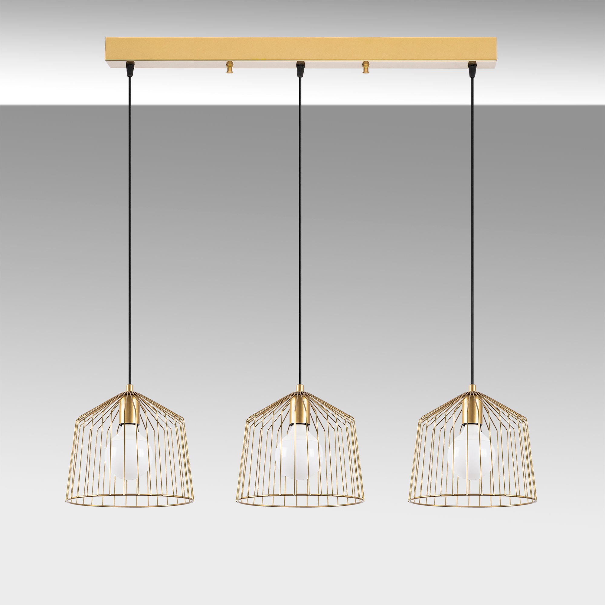 Candeeiro de Teto Dourado Elegante, Corpo em Metal, 96 x 26 x 121 cm | Altura Ajustável, 3 Soquetes E27, Design Moderno e Glamouroso | Perfeito para Salas de Estar e Salas de Jantar