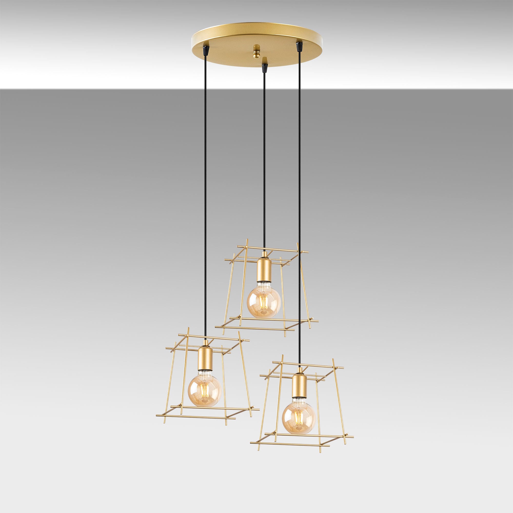 Candeeiro de Teto Elegante Dourado Brilhante, 56 x 56 x 122 cm | Corpo em Metal, Altura Ajustável, 3 Soquetes E27 | Design Moderno e Glamouroso para Interiores Elegantes