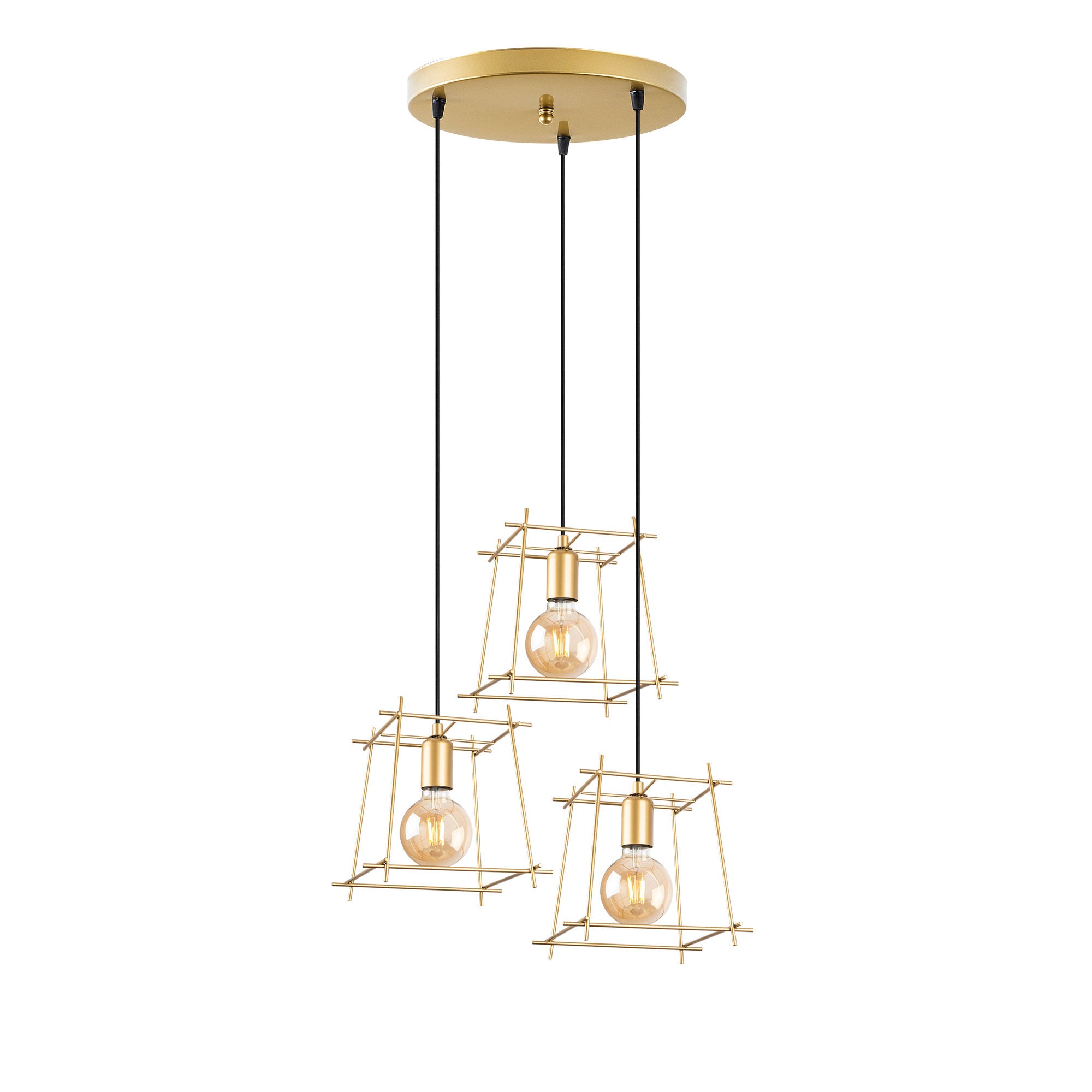 Candeeiro de Teto Elegante Dourado Brilhante, 56 x 56 x 122 cm | Corpo em Metal, Altura Ajustável, 3 Soquetes E27 | Design Moderno e Glamouroso para Interiores Elegantes