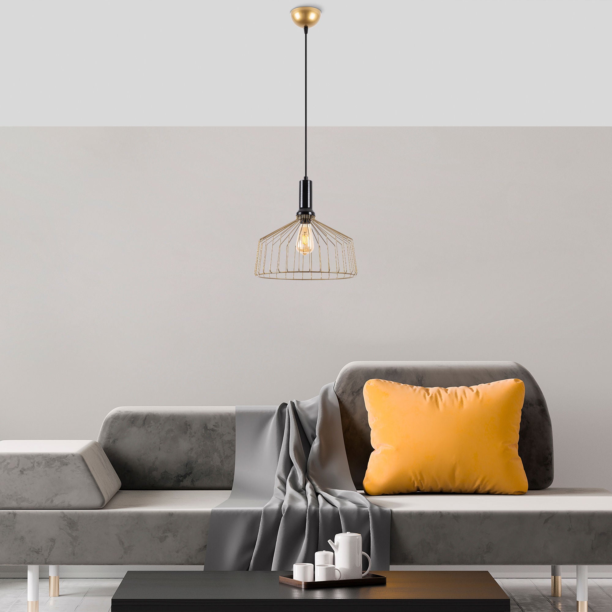 Candeeiro de Teto Dourado Brilhante e Glamouroso, Corpo em Metal, Altura Ajustável, 34 x 34 x 134 cm | Soquete E27, Potência Máxima de 40 W | Iluminação Elegante para Espaços Modernos