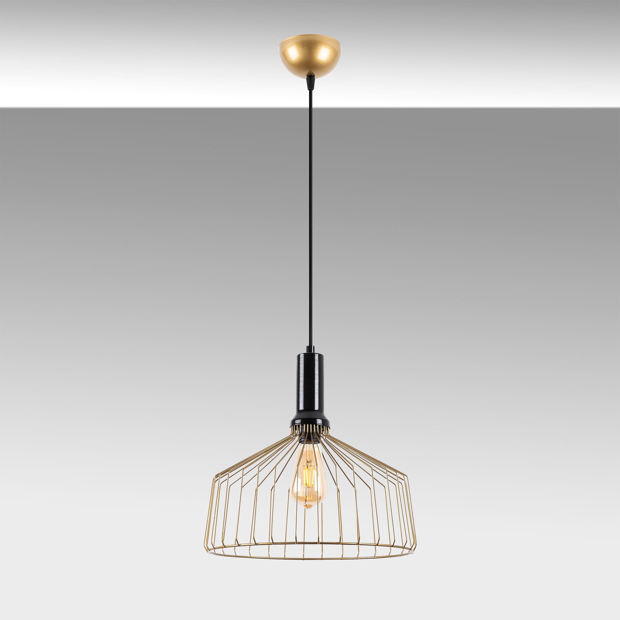 Candeeiro de Teto Dourado Brilhante e Glamouroso, Corpo em Metal, Altura Ajustável, 34 x 34 x 134 cm | Soquete E27, Potência Máxima de 40 W | Iluminação Elegante para Espaços Modernos