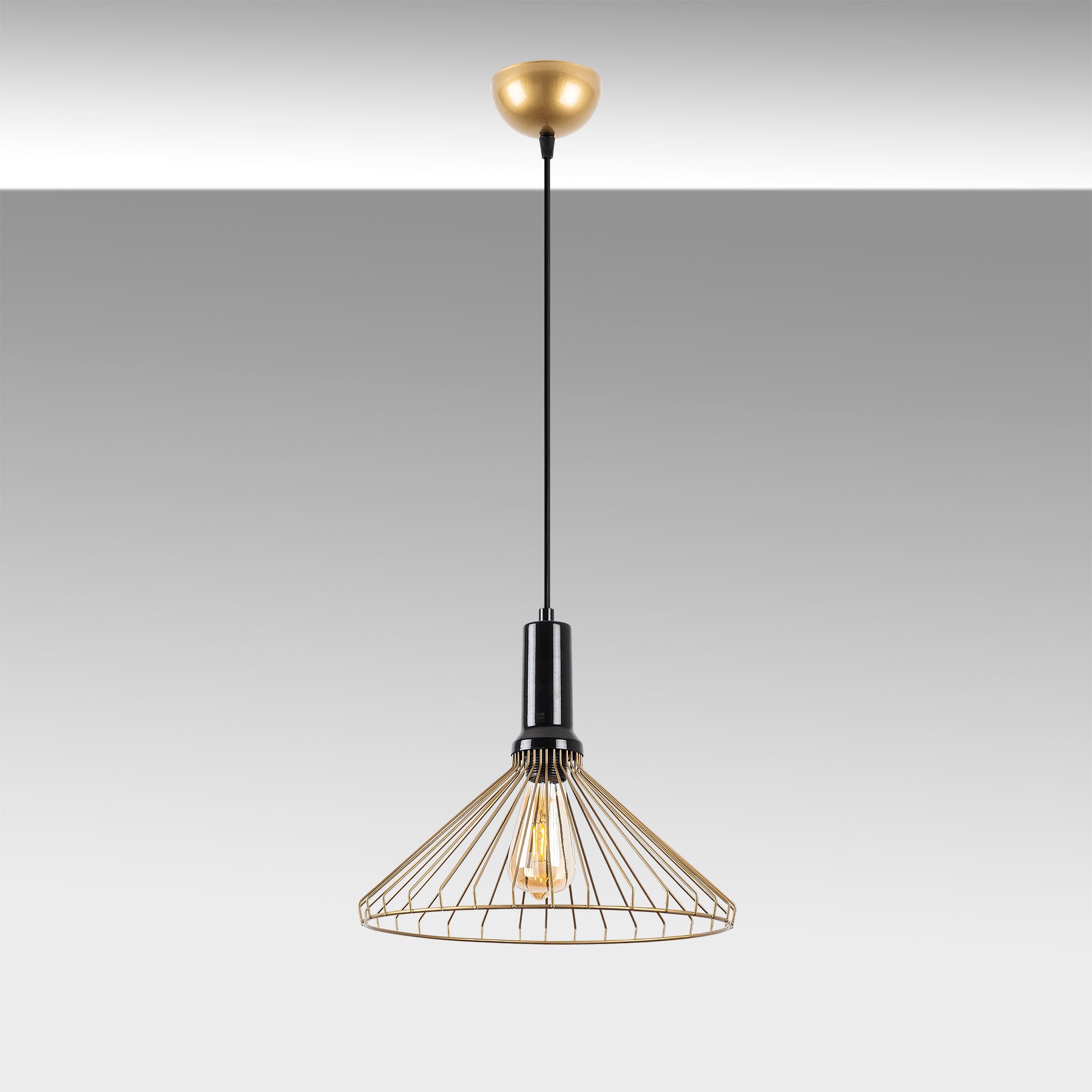 Candeeiro de Teto Dourado Brilhante e Glamouroso, Corpo em Metal, Altura Ajustável, 34 x 34 x 130 cm | Soquete E27, Potência Máxima de 40 W | Iluminação Elegante para Espaços Modernos, IP20