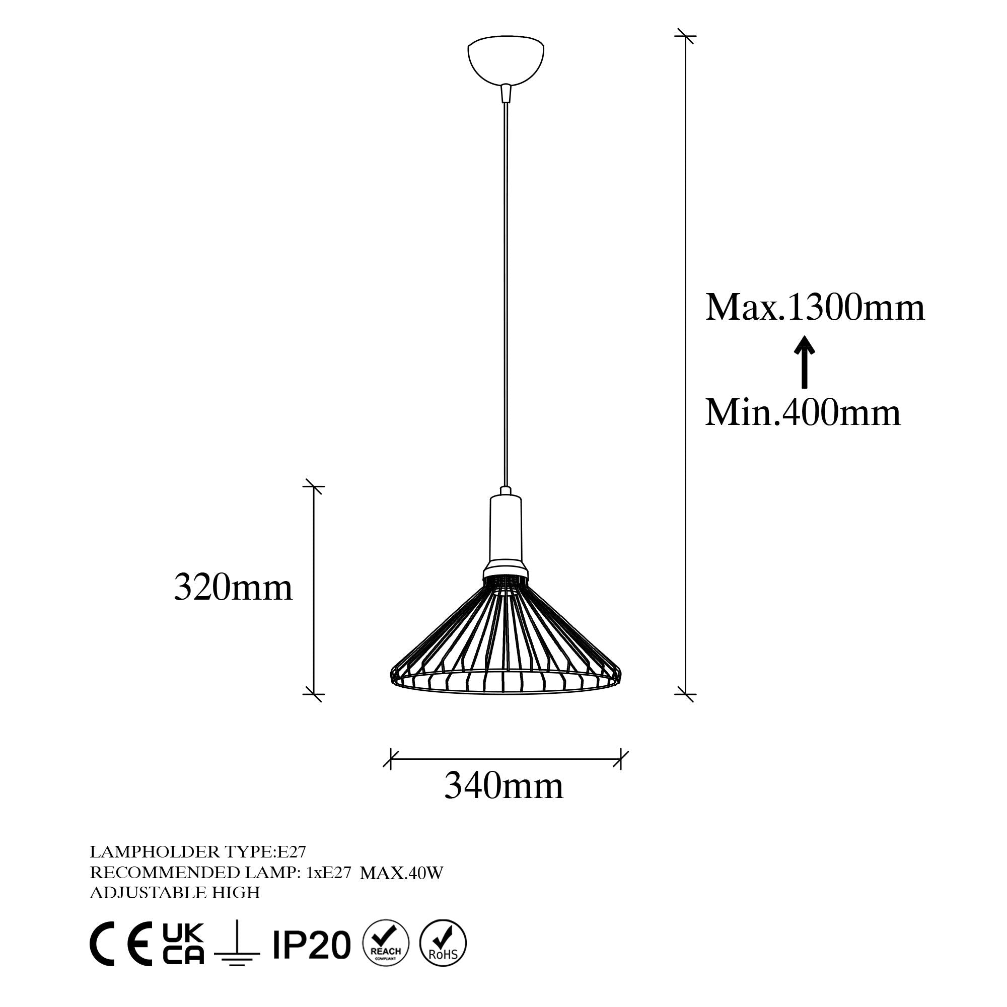 Candeeiro de Teto Dourado Brilhante e Glamouroso, Corpo em Metal, Altura Ajustável, 34 x 34 x 130 cm | Soquete E27, Potência Máxima de 40 W | Iluminação Elegante para Espaços Modernos, IP20