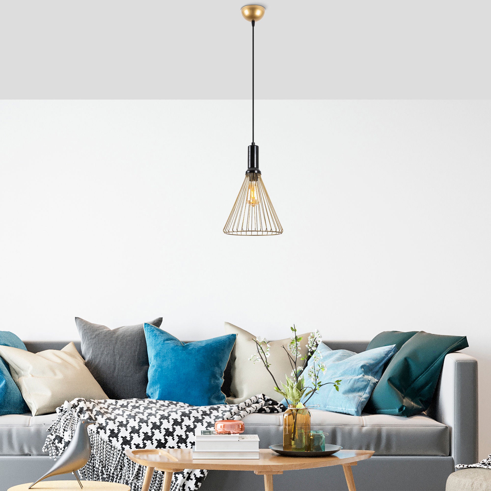 Candeeiro de Teto dourado brilhante e glamoroso, corpo de metal, 24 x 24 x 140 cm, altura ajustável, soquete E27, design elegante para espaços modernos, classificação IP20.