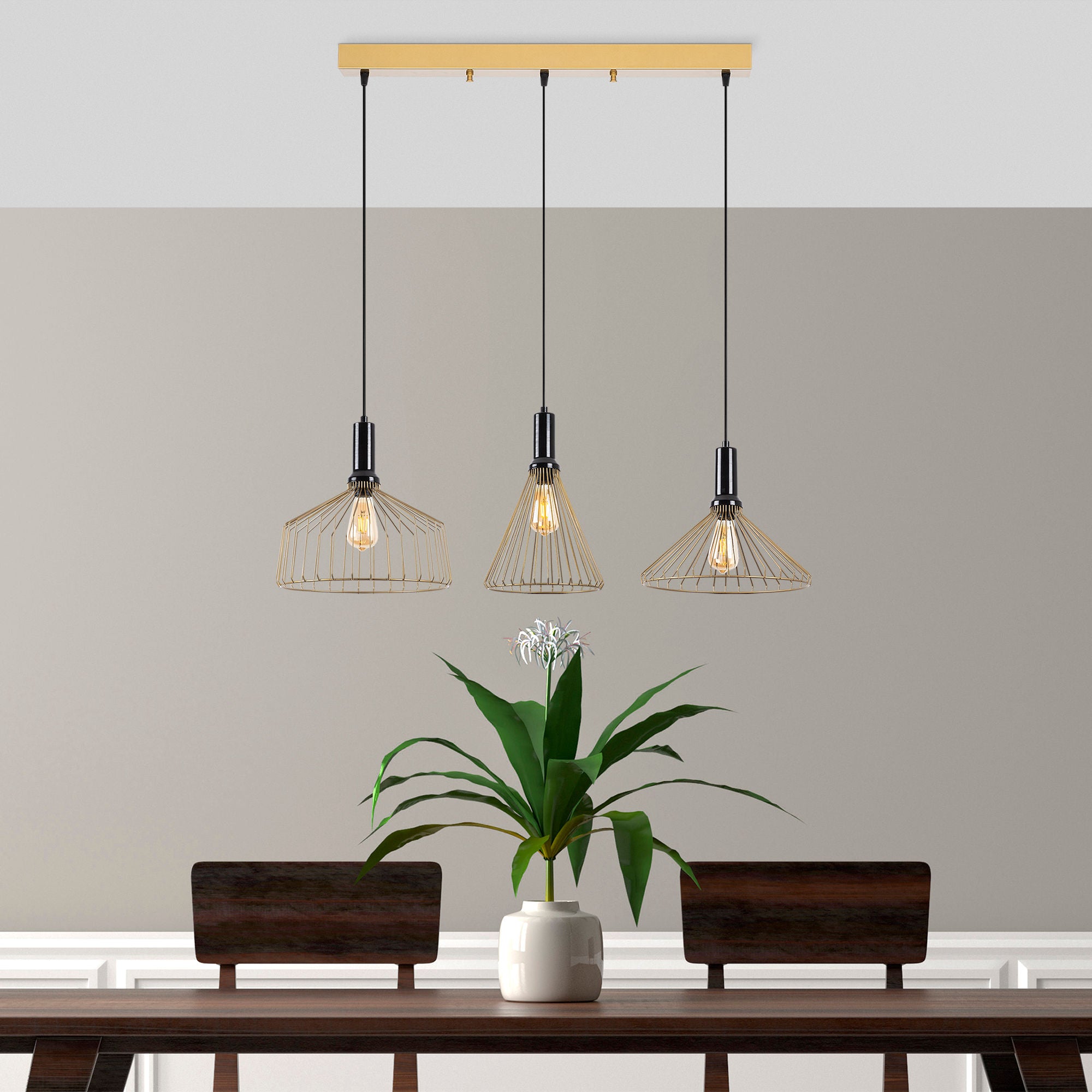 Candeeiro de Teto elegante em ouro brilhante, corpo de metal, altura ajustável, 104 x 34 x 135 cm | 3 soquetes E27, perfeito para decoração de casa glamourosa