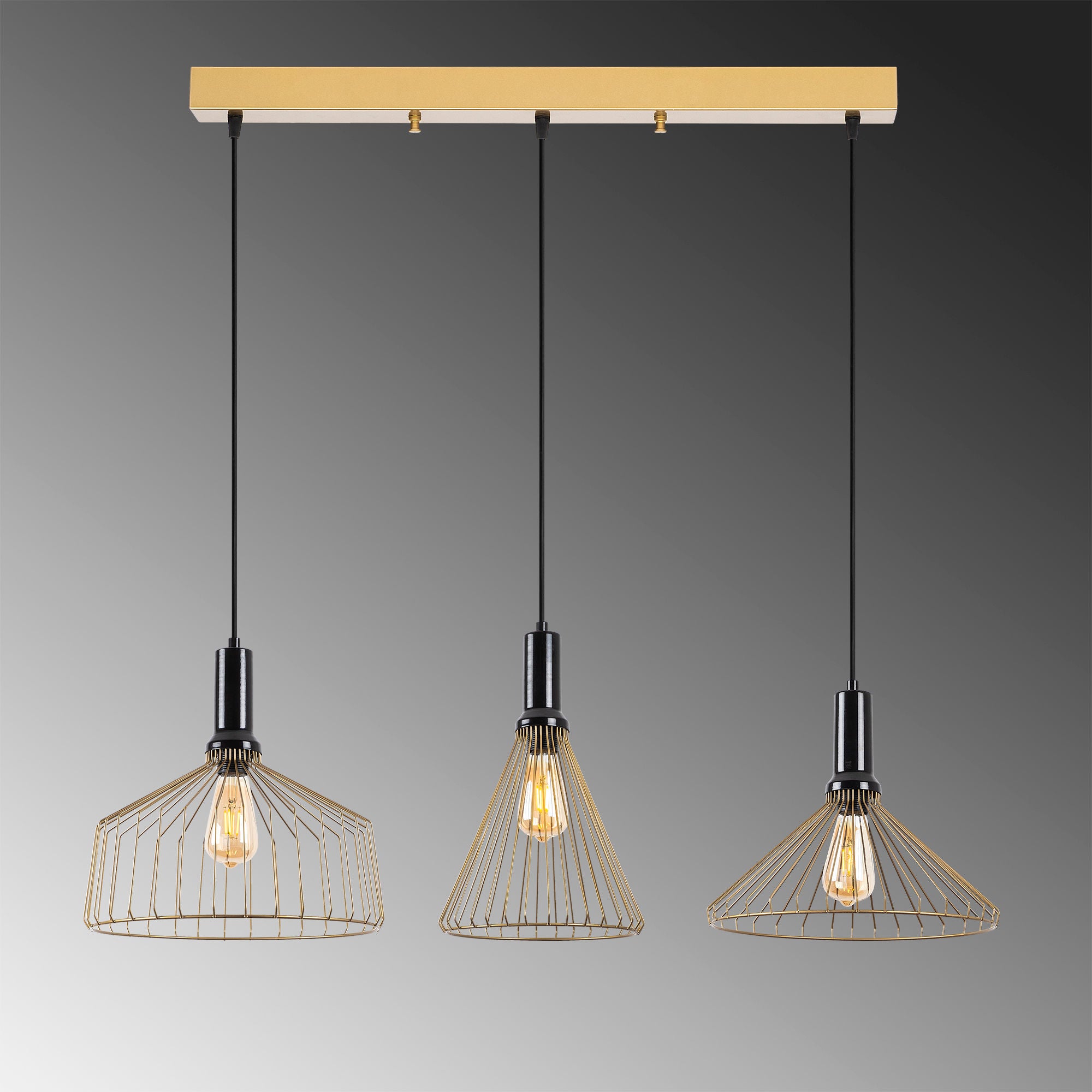 Candeeiro de Teto elegante em ouro brilhante, corpo de metal, altura ajustável, 104 x 34 x 135 cm | 3 soquetes E27, perfeito para decoração de casa glamourosa