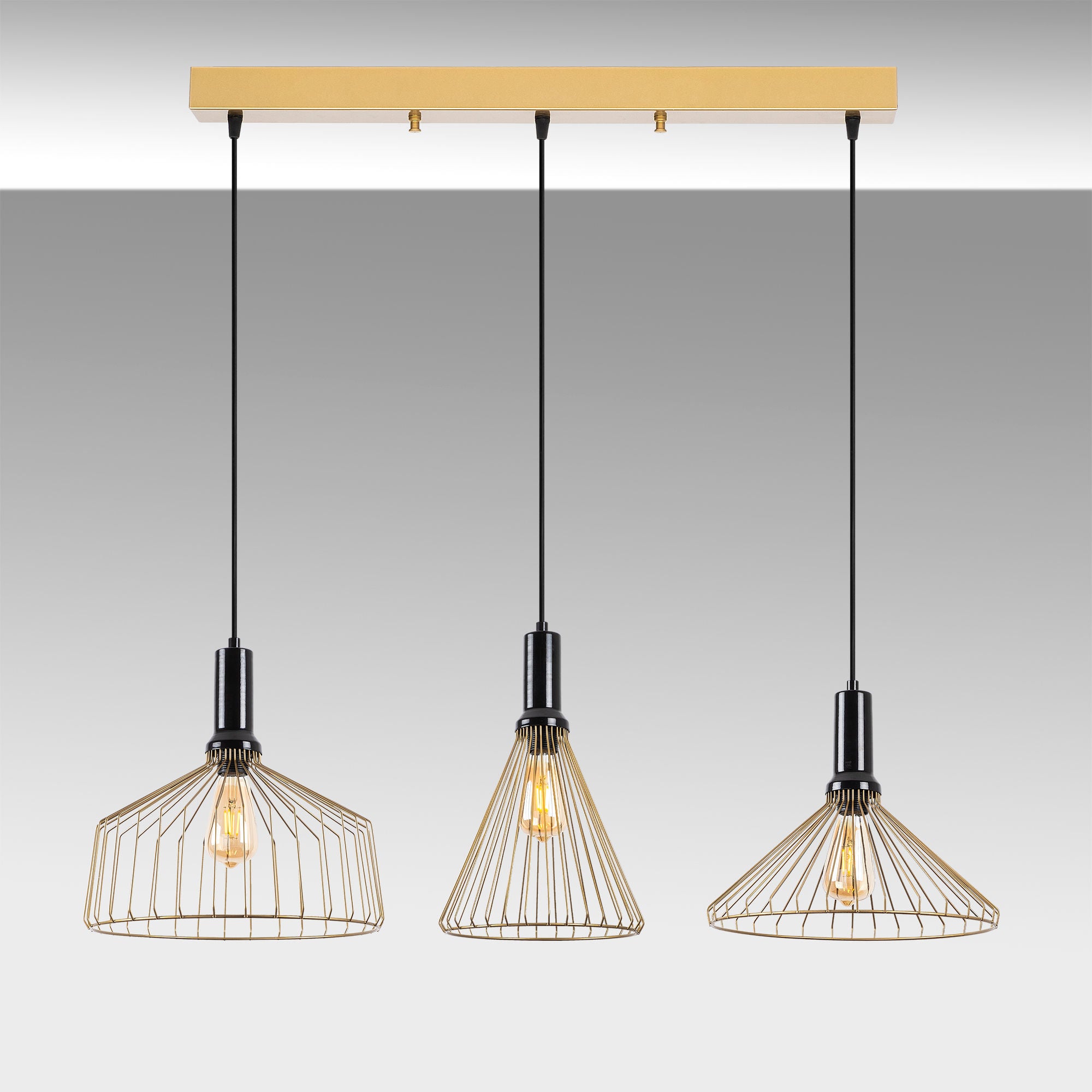 Candeeiro de Teto elegante em ouro brilhante, corpo de metal, altura ajustável, 104 x 34 x 135 cm | 3 soquetes E27, perfeito para decoração de casa glamourosa