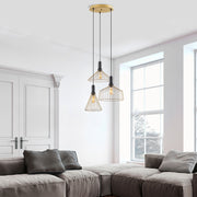 Candeeiro de Teto elegante em ouro brilhante, corpo de metal, altura ajustável, 63 x 63 x 135 cm, 3 soquetes E27, perfeito para decoração e iluminação de casa glamorosas