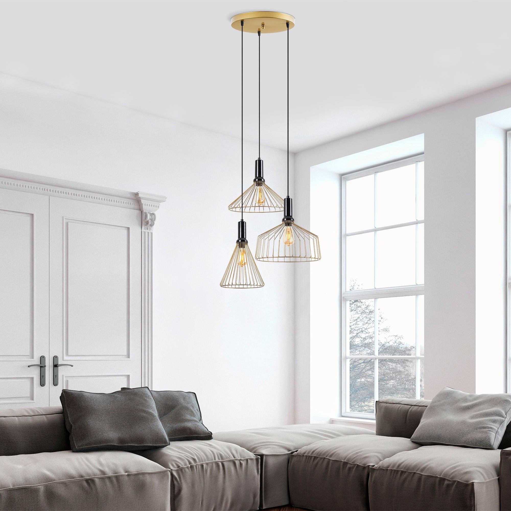 Candeeiro de Teto elegante em ouro brilhante, corpo de metal, altura ajustável, 63 x 63 x 135 cm, 3 soquetes E27, perfeito para decoração e iluminação de casa glamorosas