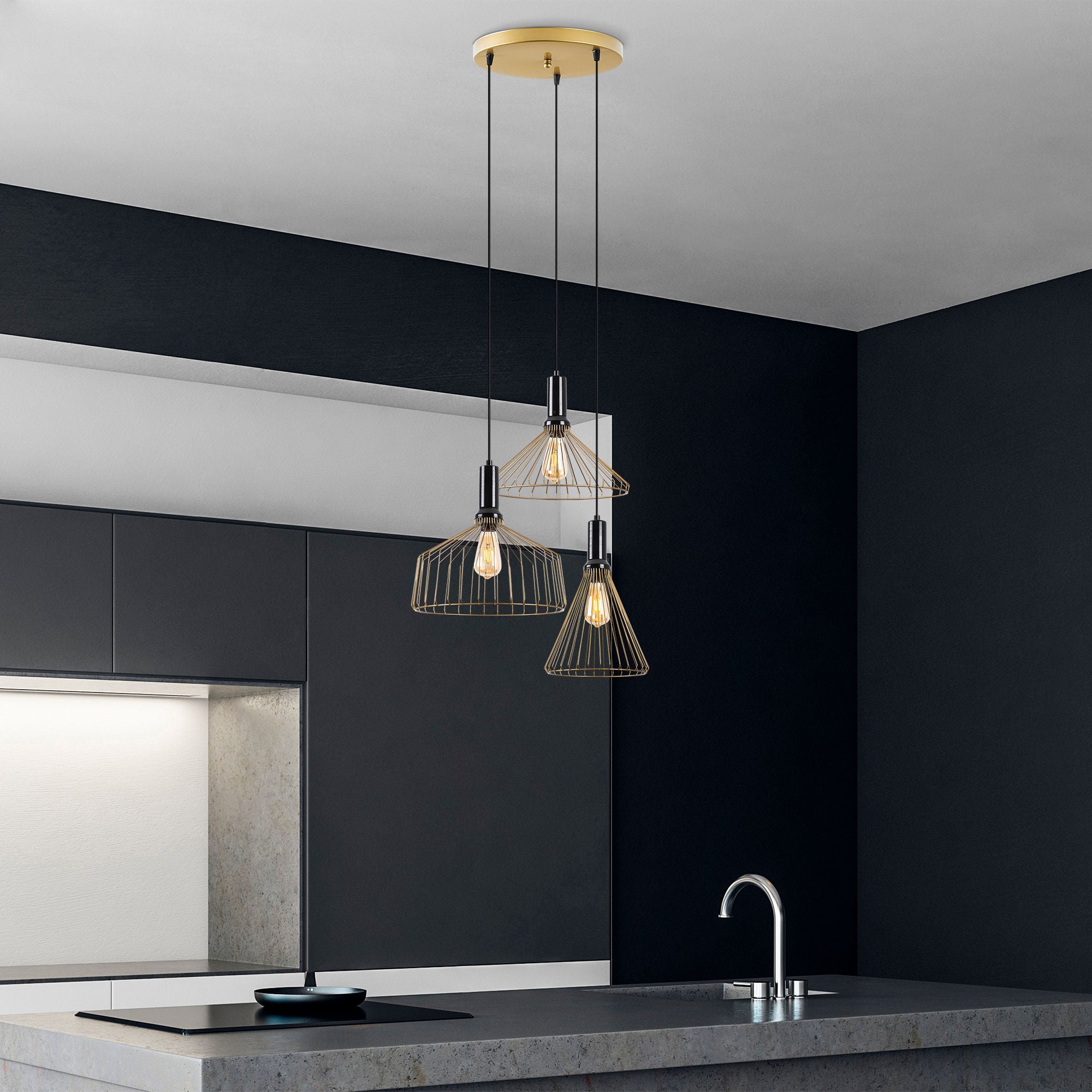 Candeeiro de Teto elegante em ouro brilhante, corpo de metal, altura ajustável, 63 x 63 x 135 cm, 3 soquetes E27, perfeito para decoração e iluminação de casa glamorosas