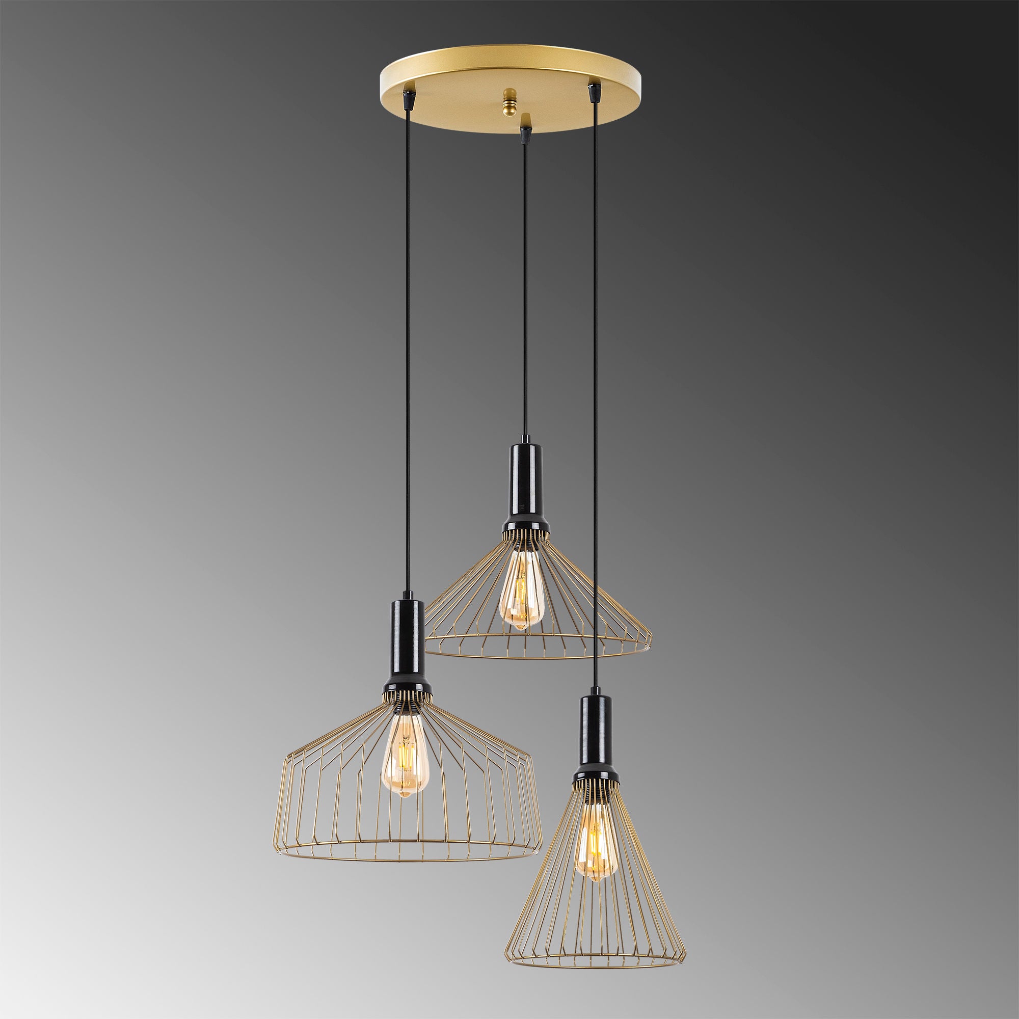 Candeeiro de Teto elegante em ouro brilhante, corpo de metal, altura ajustável, 63 x 63 x 135 cm, 3 soquetes E27, perfeito para decoração e iluminação de casa glamorosas