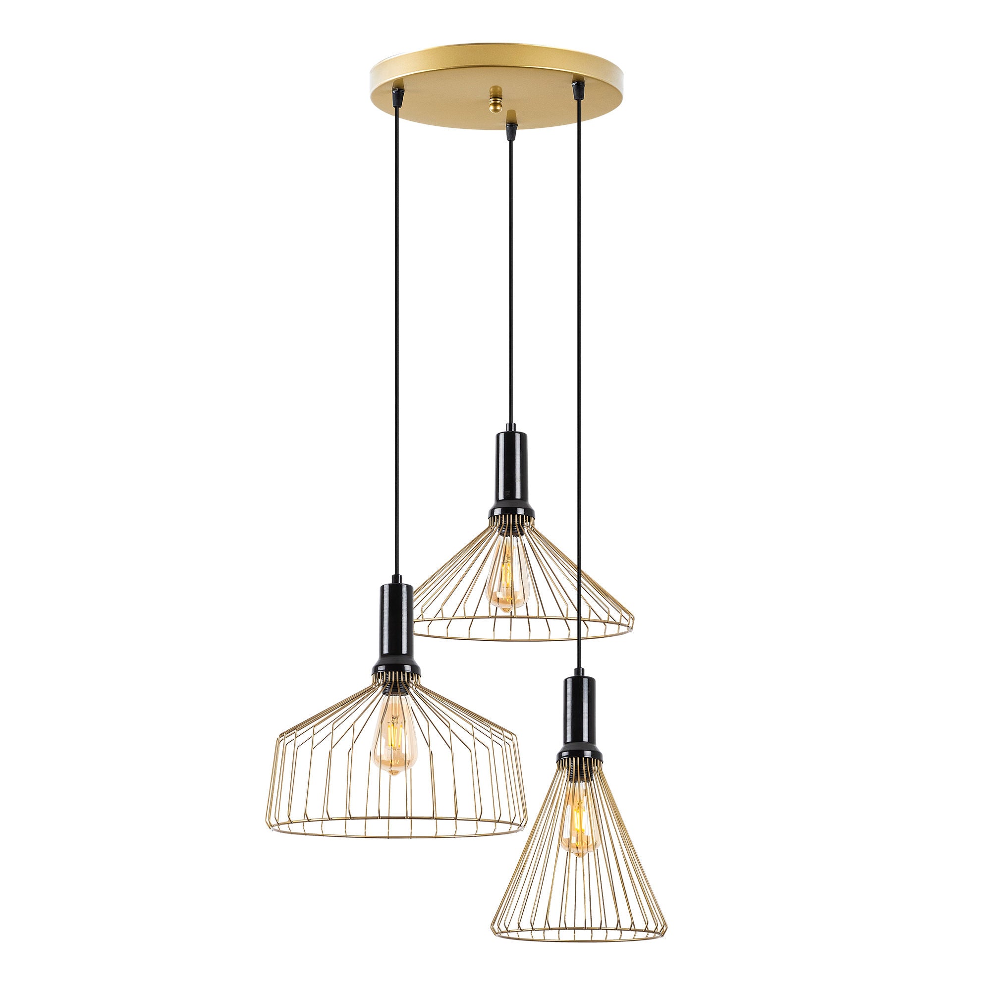 Candeeiro de Teto elegante em ouro brilhante, corpo de metal, altura ajustável, 63 x 63 x 135 cm, 3 soquetes E27, perfeito para decoração e iluminação de casa glamorosas