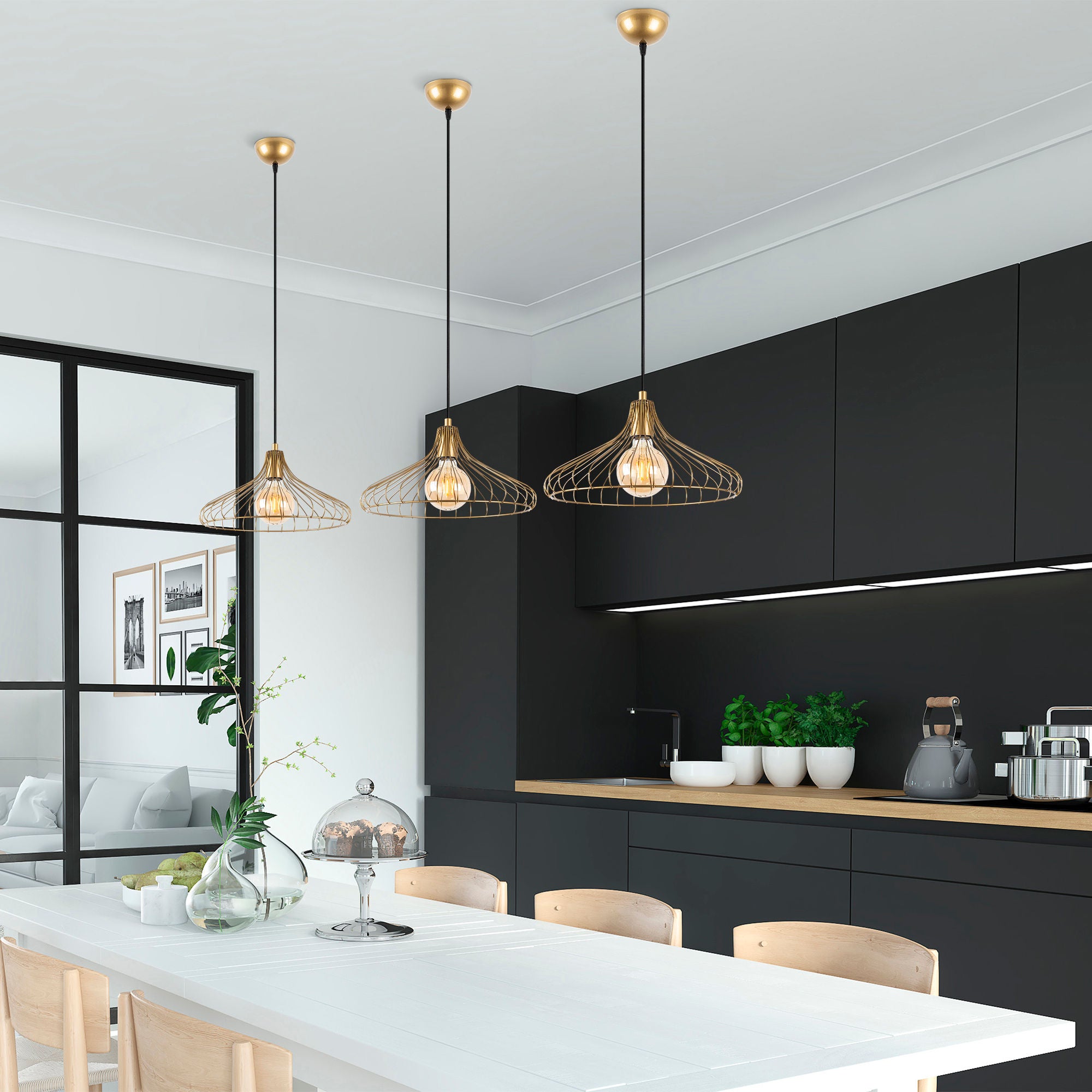 Candeeiro de Teto Dourado Elegante, Corpo em Metal, 36 x 36 x 120 cm, Altura Ajustável, Soquete E27, Design Moderno e Glamouroso | Perfeito para Salas de Estar e Jantar