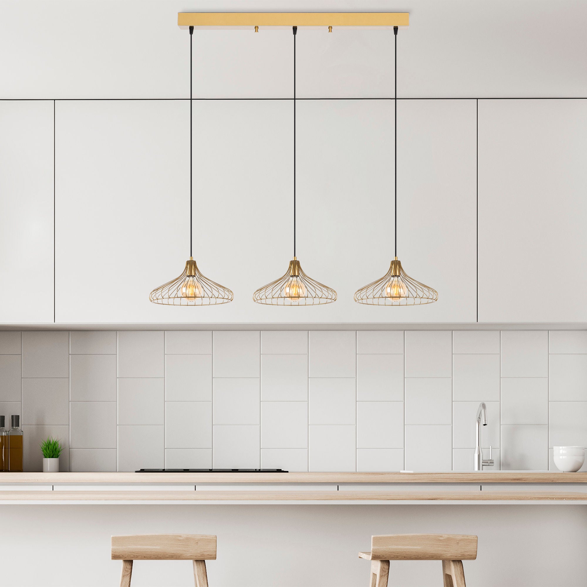 Candeeiro de Teto Dourado Elegante, Corpo em Metal, 142 x 36 x 120 cm | Altura Ajustável, 3 Soquetes E27, Design Moderno e Glamouroso para Interiores Elegantes