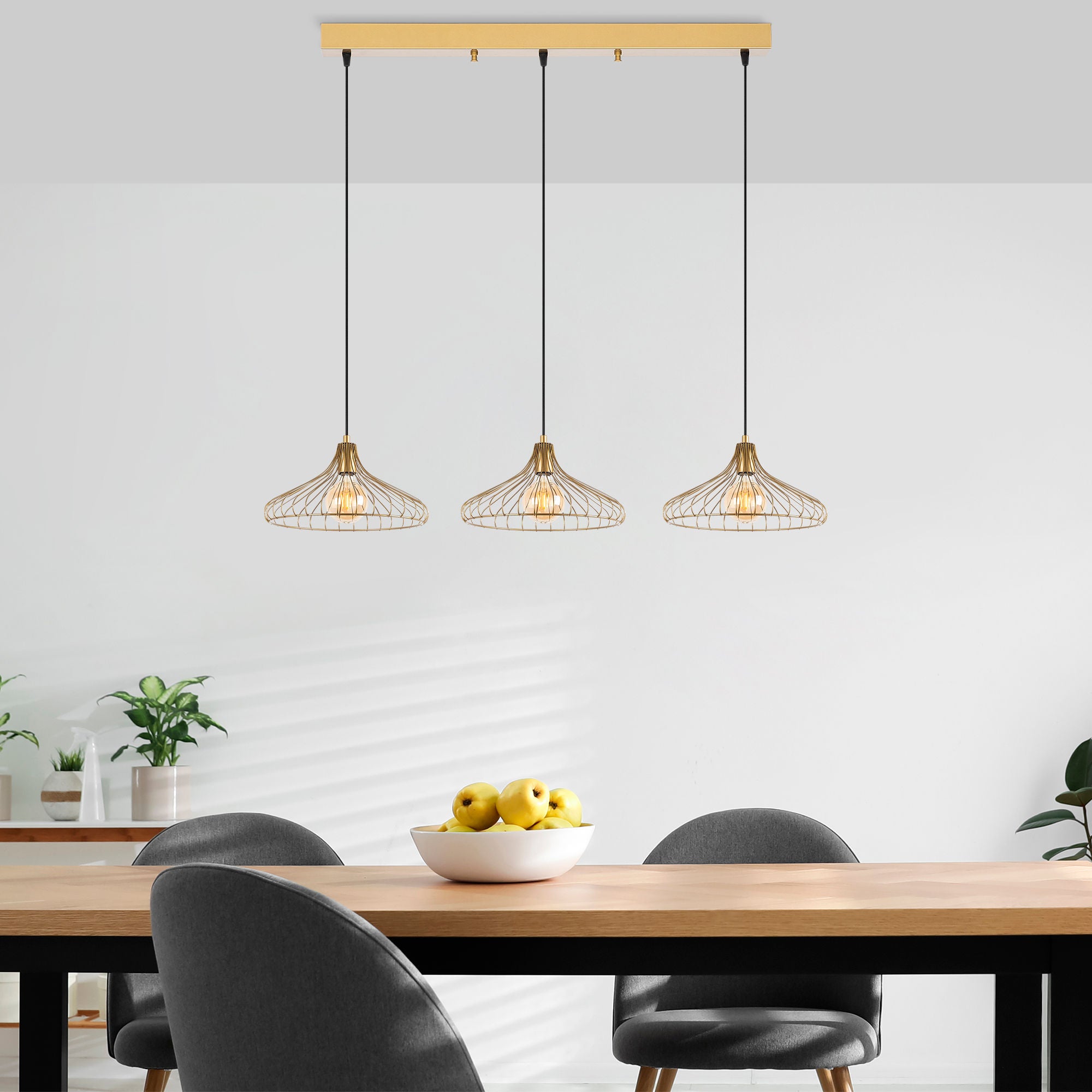 Candeeiro de Teto Dourado Elegante, Corpo em Metal, 142 x 36 x 120 cm | Altura Ajustável, 3 Soquetes E27, Design Moderno e Glamouroso para Interiores Elegantes