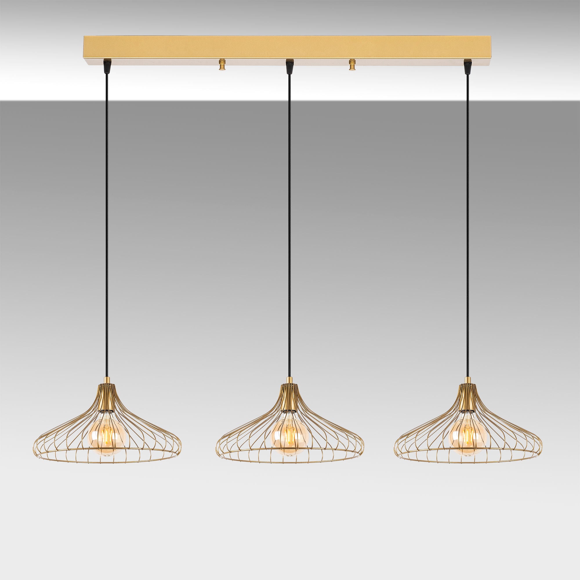 Candeeiro de Teto Dourado Elegante, Corpo em Metal, 142 x 36 x 120 cm | Altura Ajustável, 3 Soquetes E27, Design Moderno e Glamouroso para Interiores Elegantes