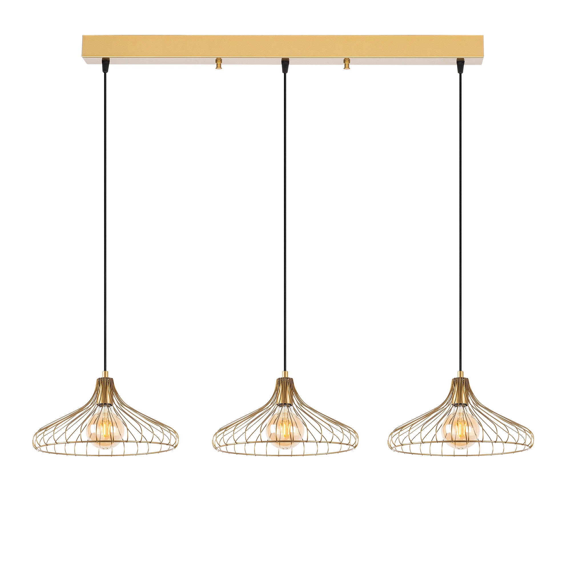 Candeeiro de Teto Dourado Elegante, Corpo em Metal, 142 x 36 x 120 cm | Altura Ajustável, 3 Soquetes E27, Design Moderno e Glamouroso para Interiores Elegantes