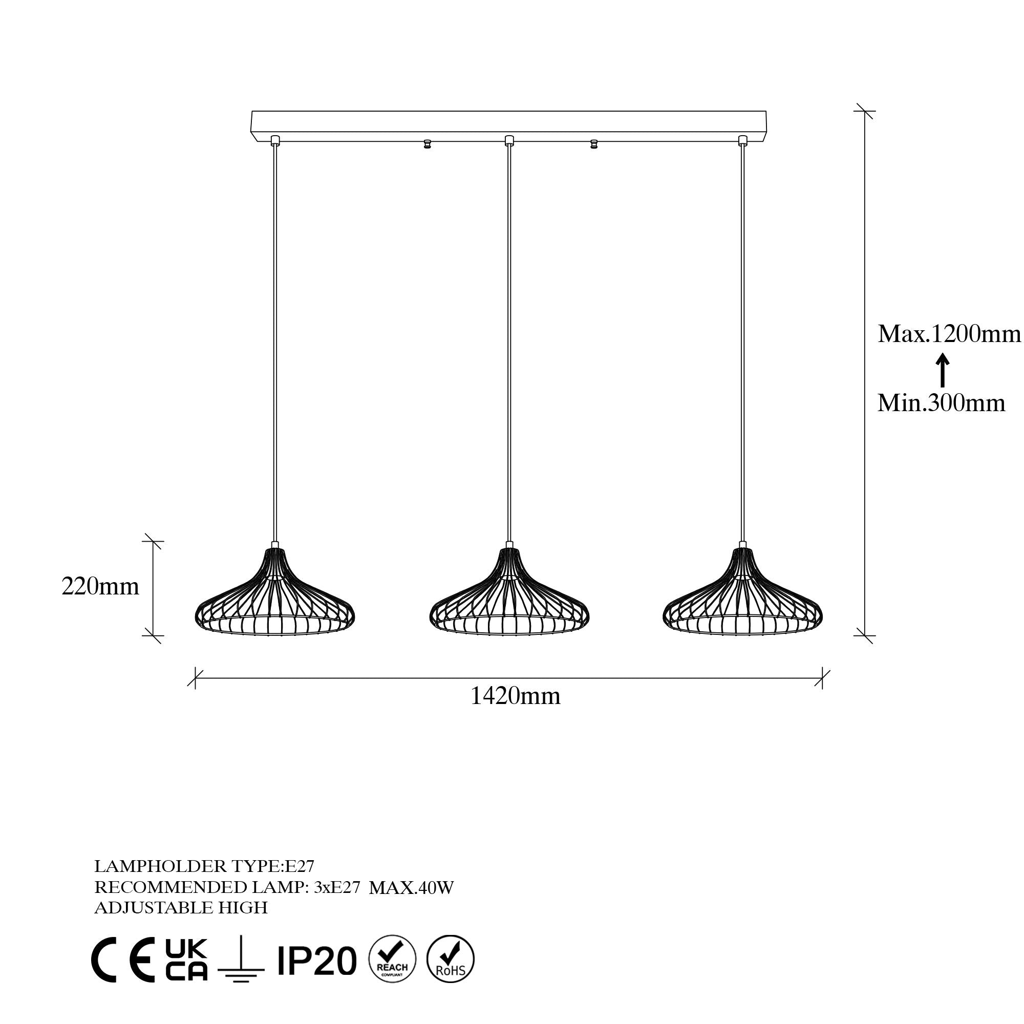 Candeeiro de Teto Dourado Elegante, Corpo em Metal, 142 x 36 x 120 cm | Altura Ajustável, 3 Soquetes E27, Design Moderno e Glamouroso para Interiores Elegantes