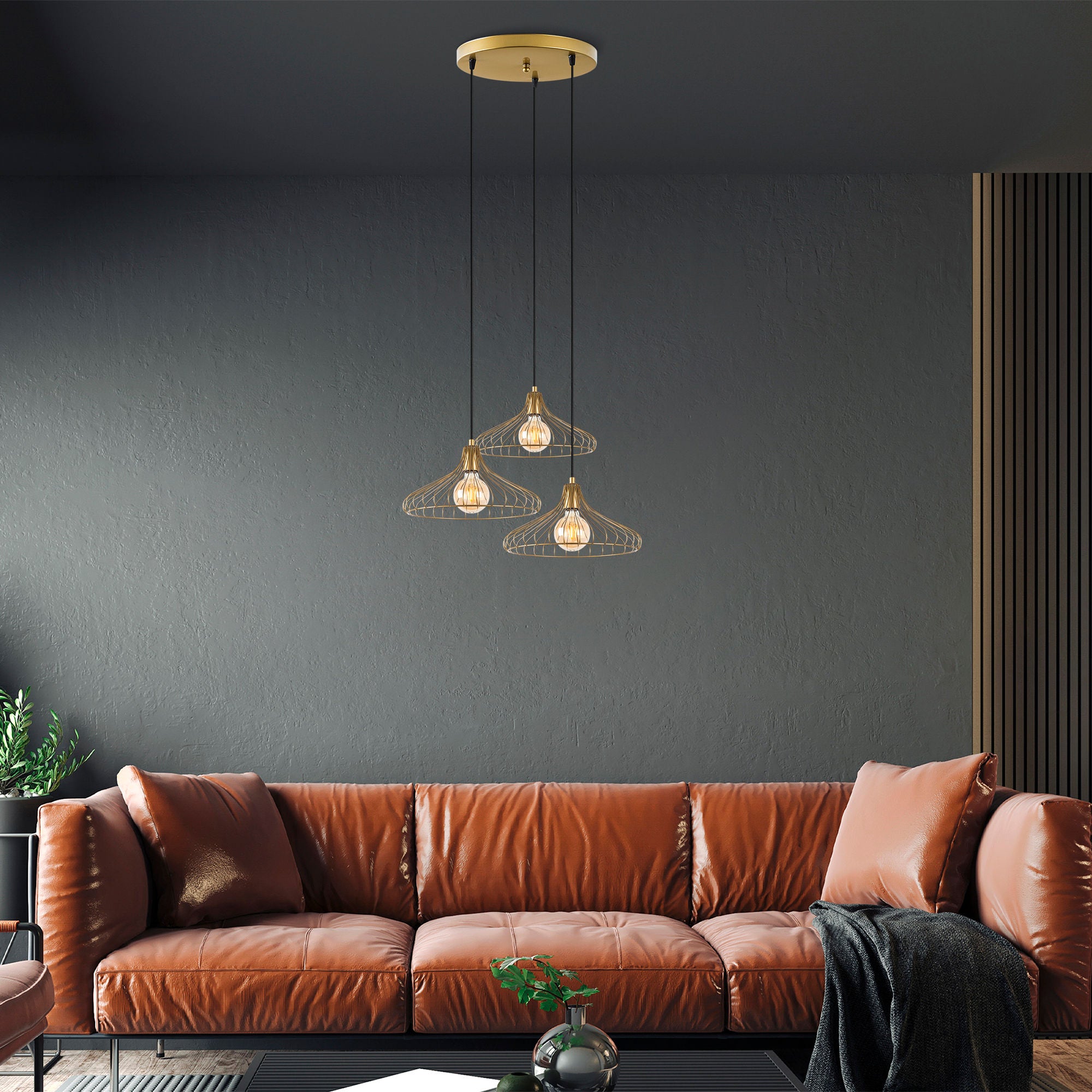 Candeeiro de Teto Dourado Elegante, Corpo em Metal, 65 x 64 x 120 cm | Altura Ajustável, 3 Soquetes E27, Design Moderno e Glamouroso | Perfeito para Salas de Estar e Jantar