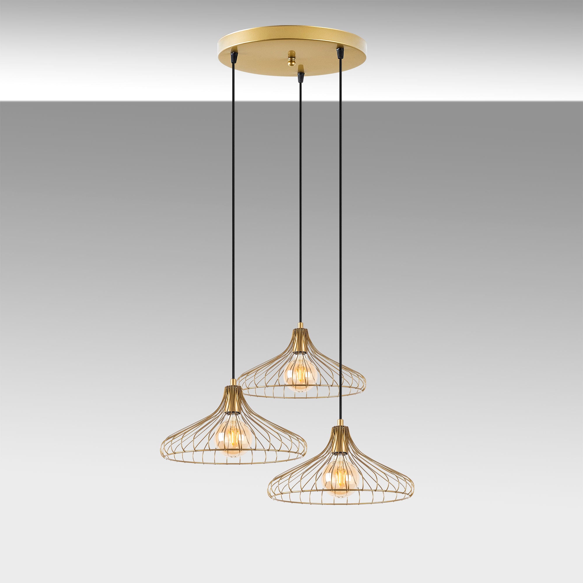 Candeeiro de Teto Dourado Elegante, Corpo em Metal, 65 x 64 x 120 cm | Altura Ajustável, 3 Soquetes E27, Design Moderno e Glamouroso | Perfeito para Salas de Estar e Jantar