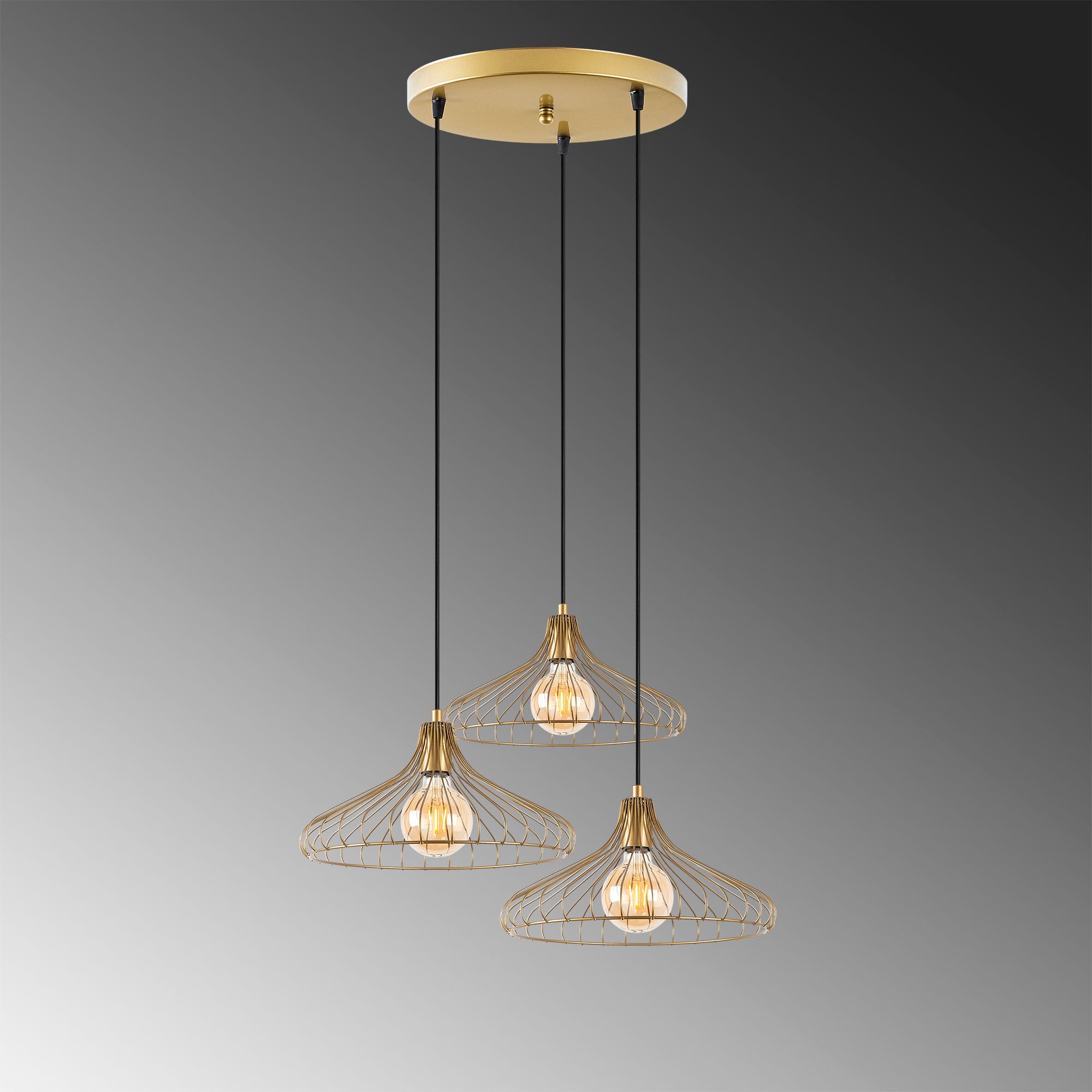 Candeeiro de Teto Dourado Elegante, Corpo em Metal, 65 x 64 x 120 cm | Altura Ajustável, 3 Soquetes E27, Design Moderno e Glamouroso | Perfeito para Salas de Estar e Jantar